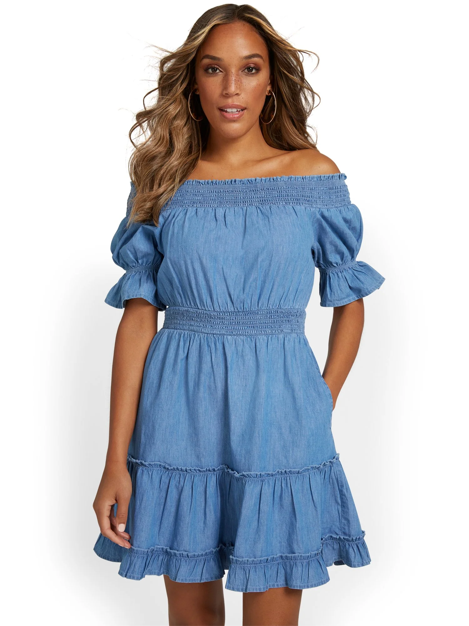 Off-The-Shoulder Chambray Dress - Image 2