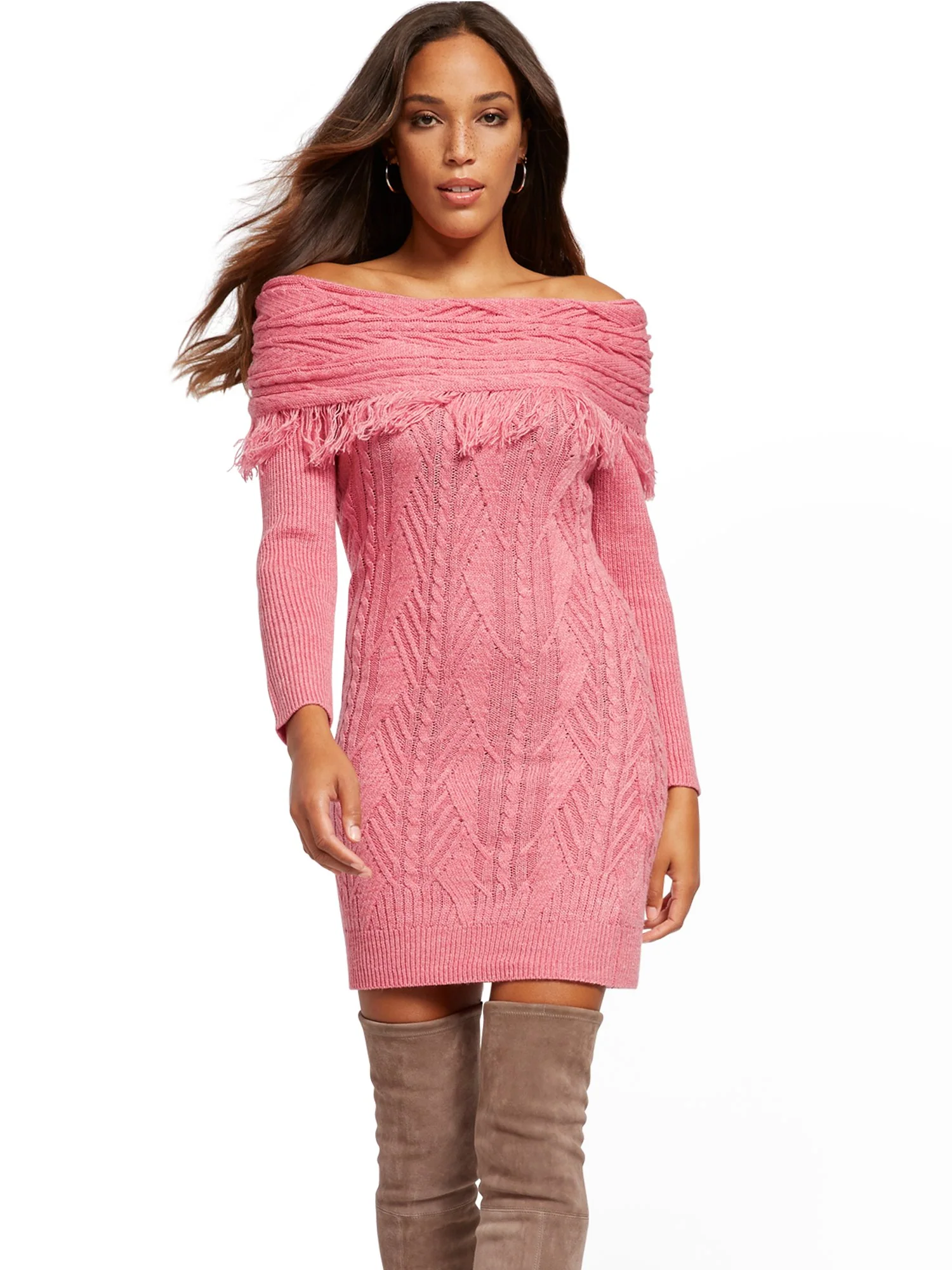 Off-The-Shoulder Fringe Sweater Sheath Dress - Image 6