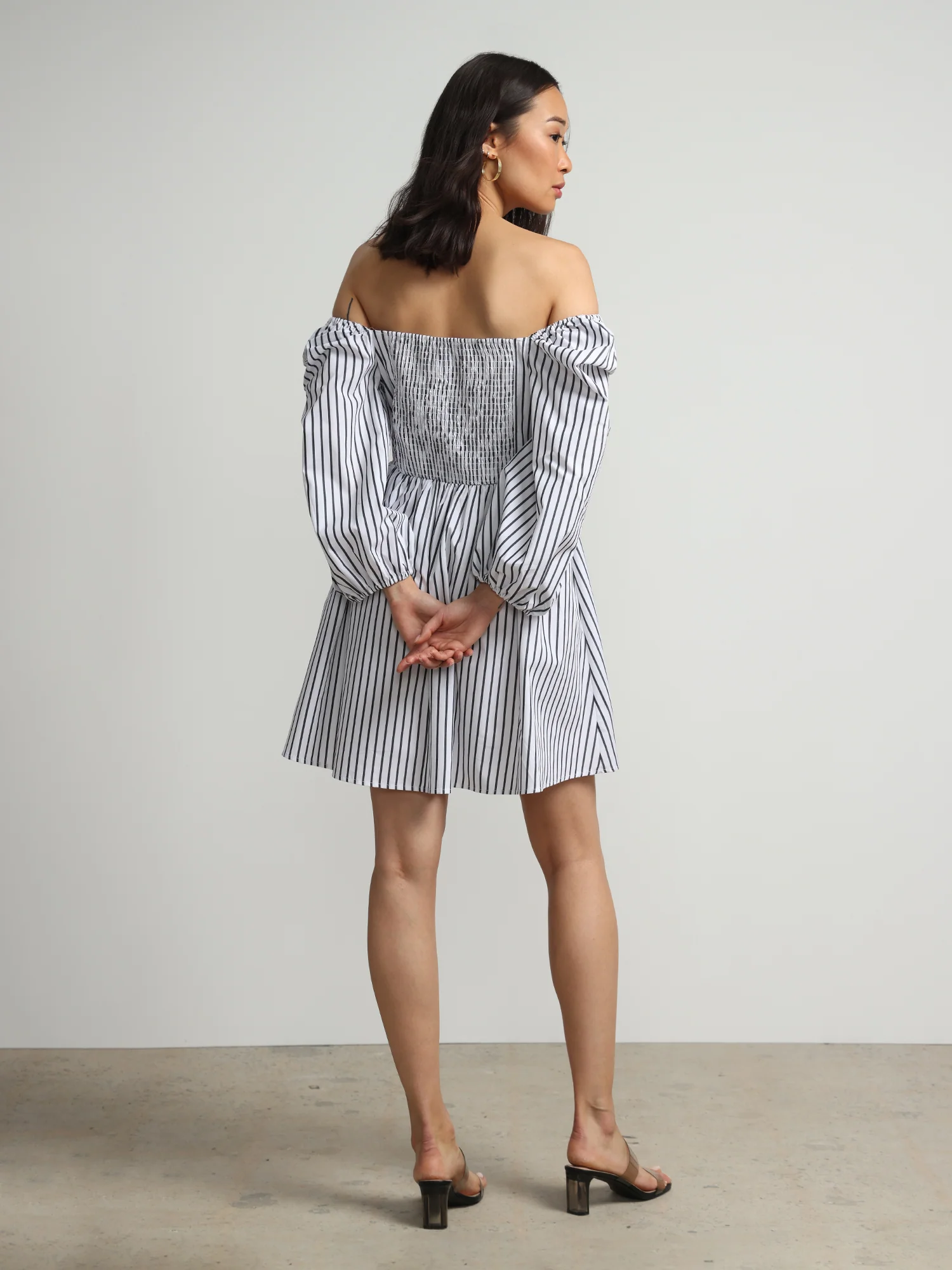 Off-The-Shoulder Pinstripe Puff-Sleeve Dress - Image 3