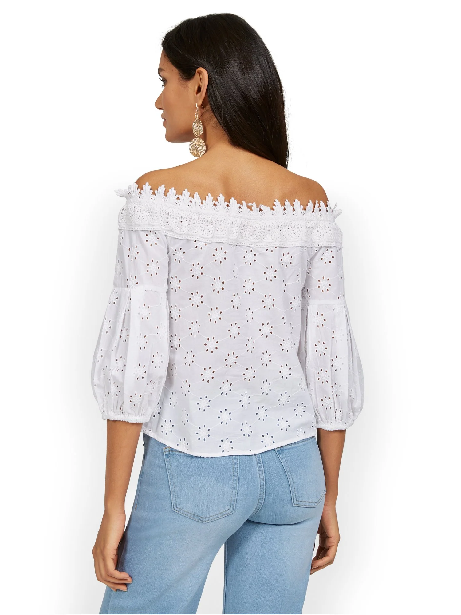 Off-The-Shoulder Puff Sleeve Eyelet Blouse - Image 3
