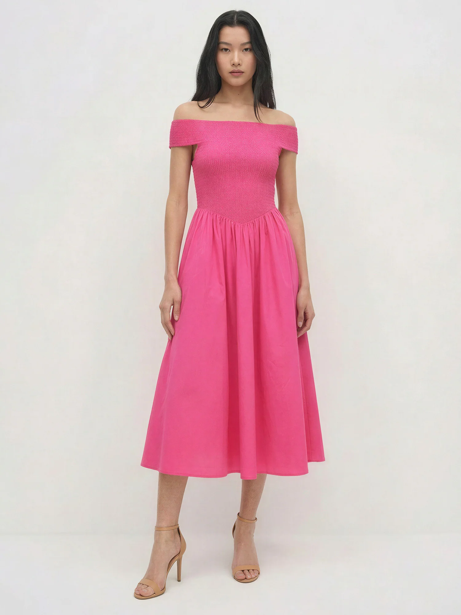 Off The Shoulder Smocked Midi Dress