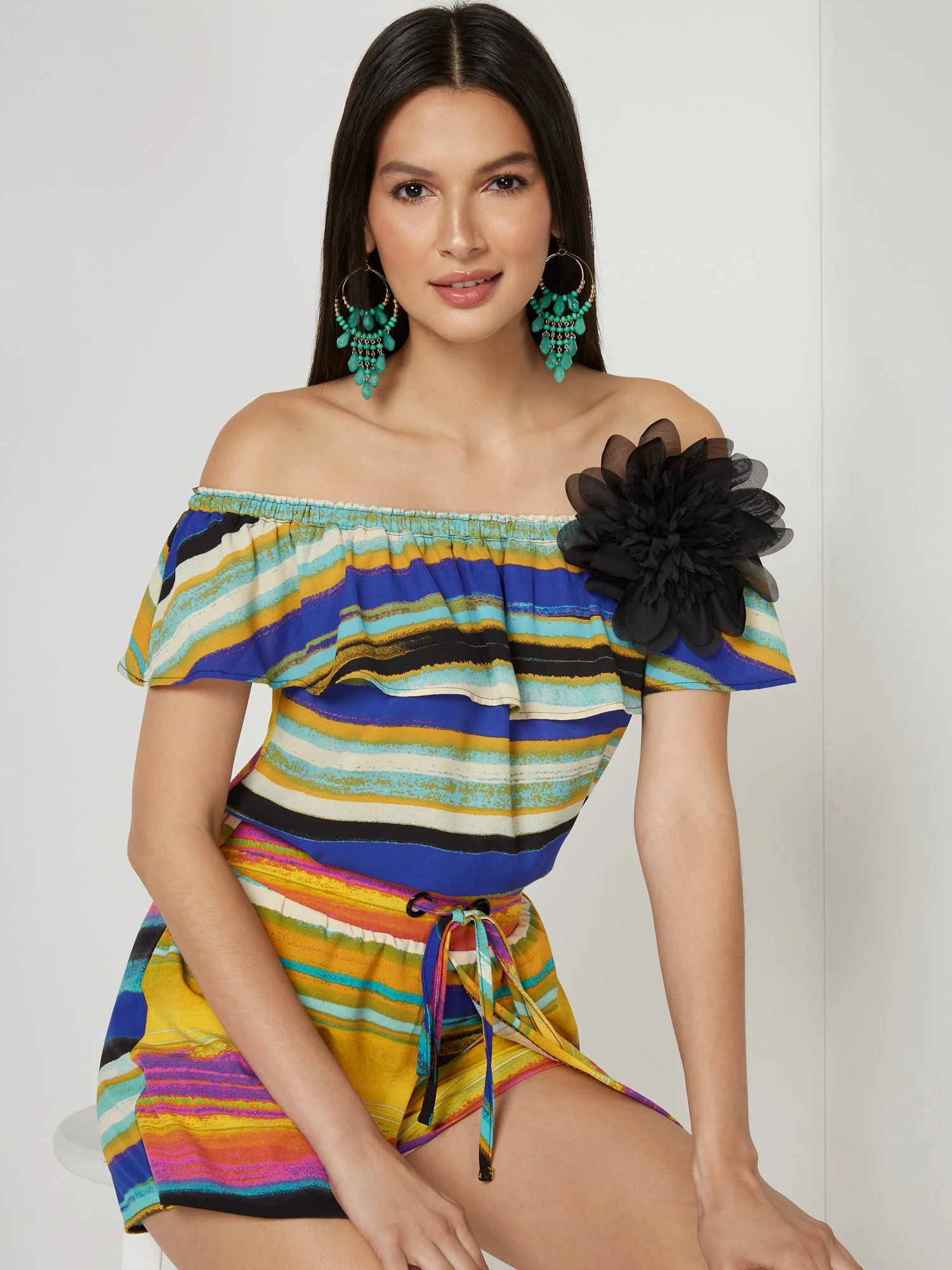 Off-The-Shoulder Stripe Flower-Pin Top