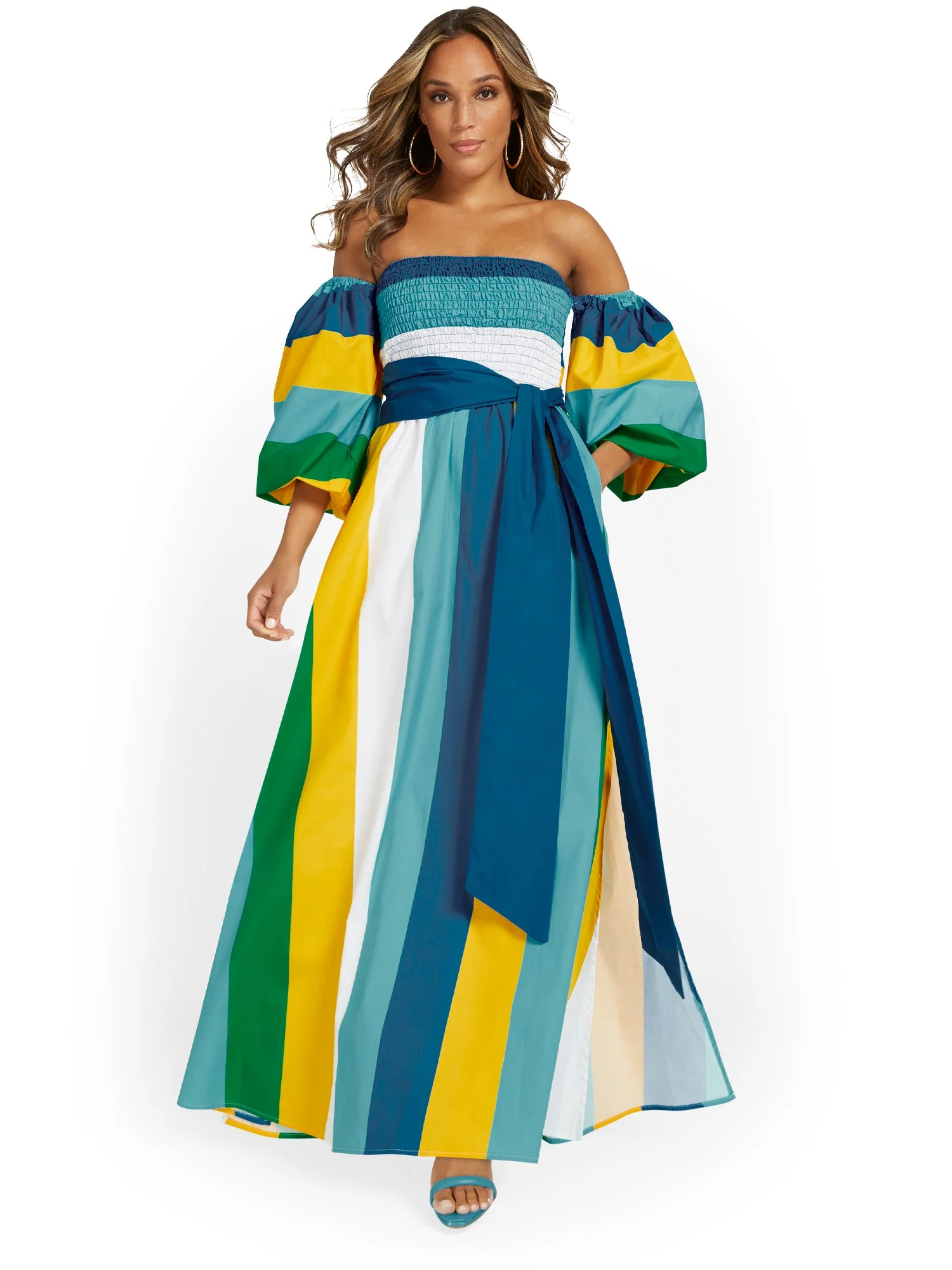 Off-The-Shoulder Striped Puff-Sleeve Maxi Dress
