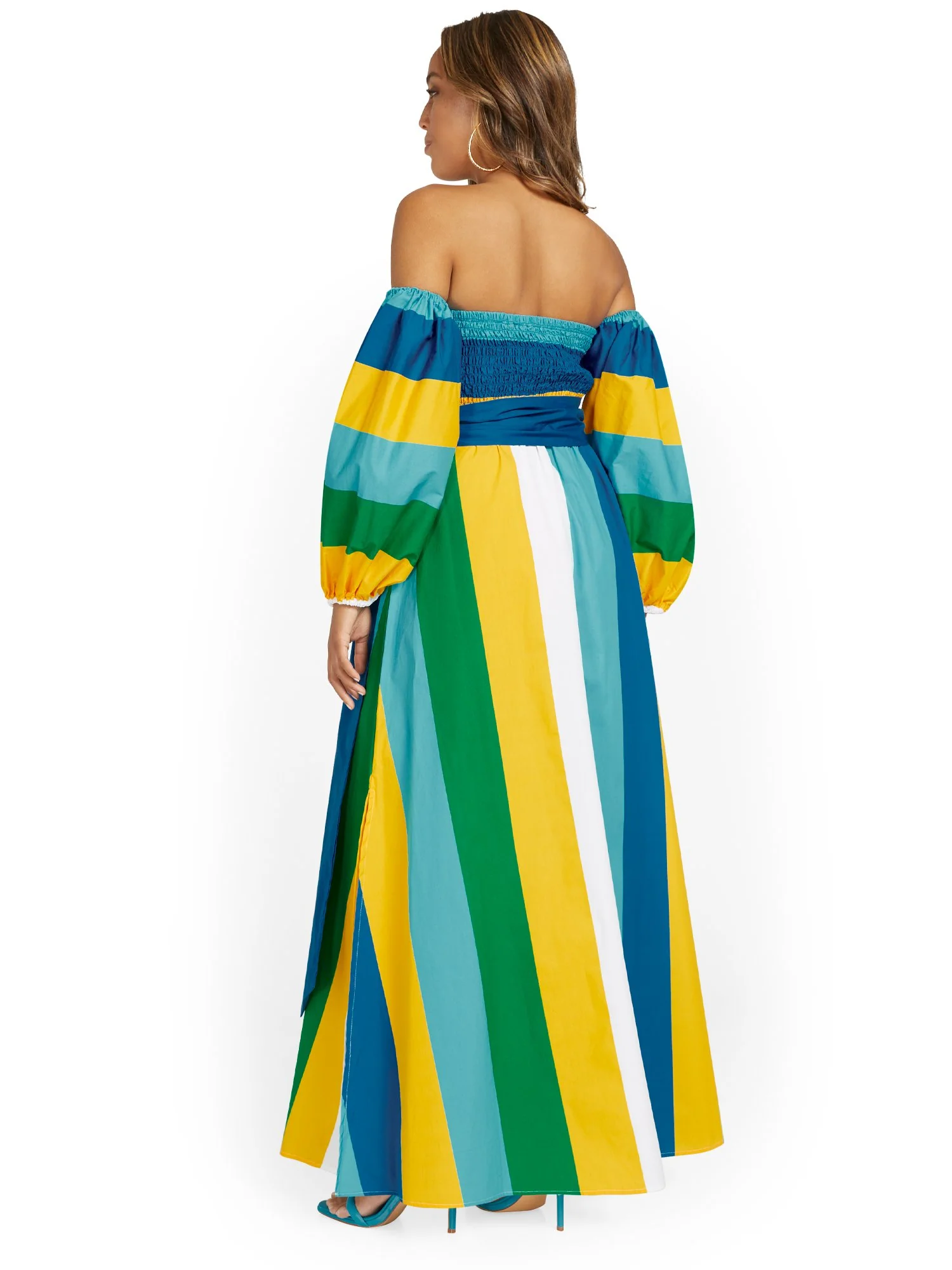 Off-The-Shoulder Striped Puff-Sleeve Maxi Dress - Image 3