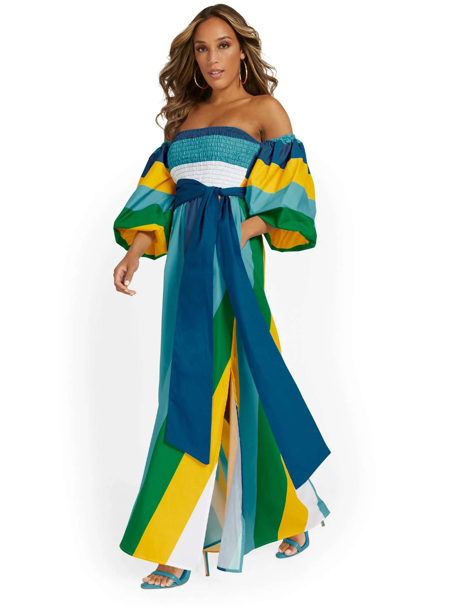 Off-The-Shoulder Striped Puff-Sleeve Maxi Dress - Image 4