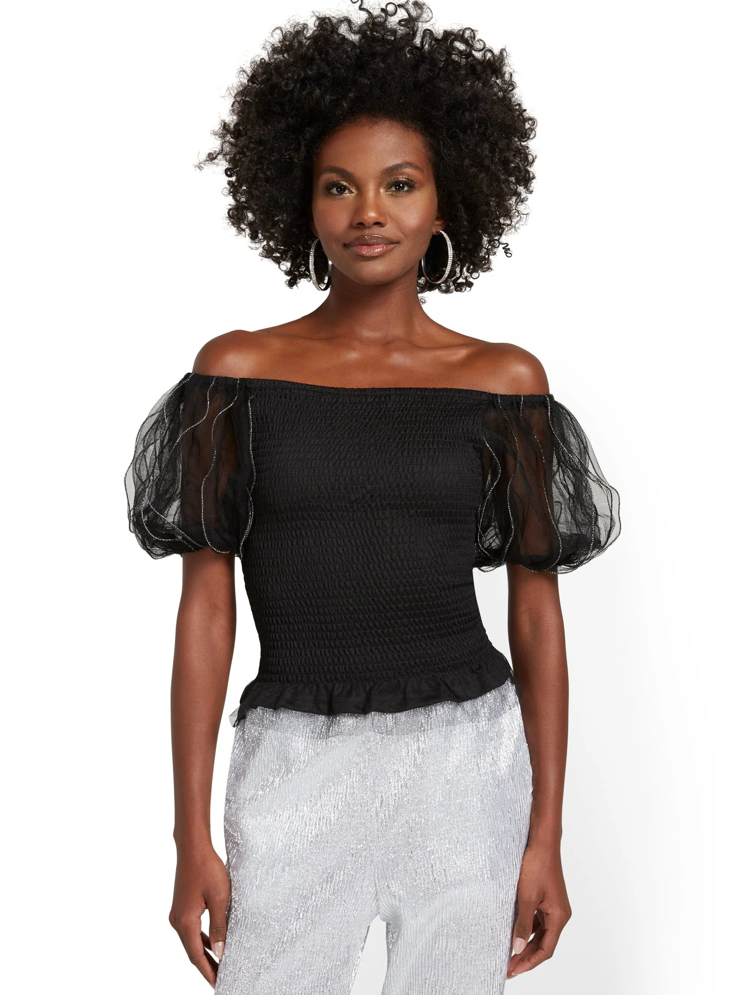 Off-The-Shoulder Tulle-Sleeve Blouse - Image 2