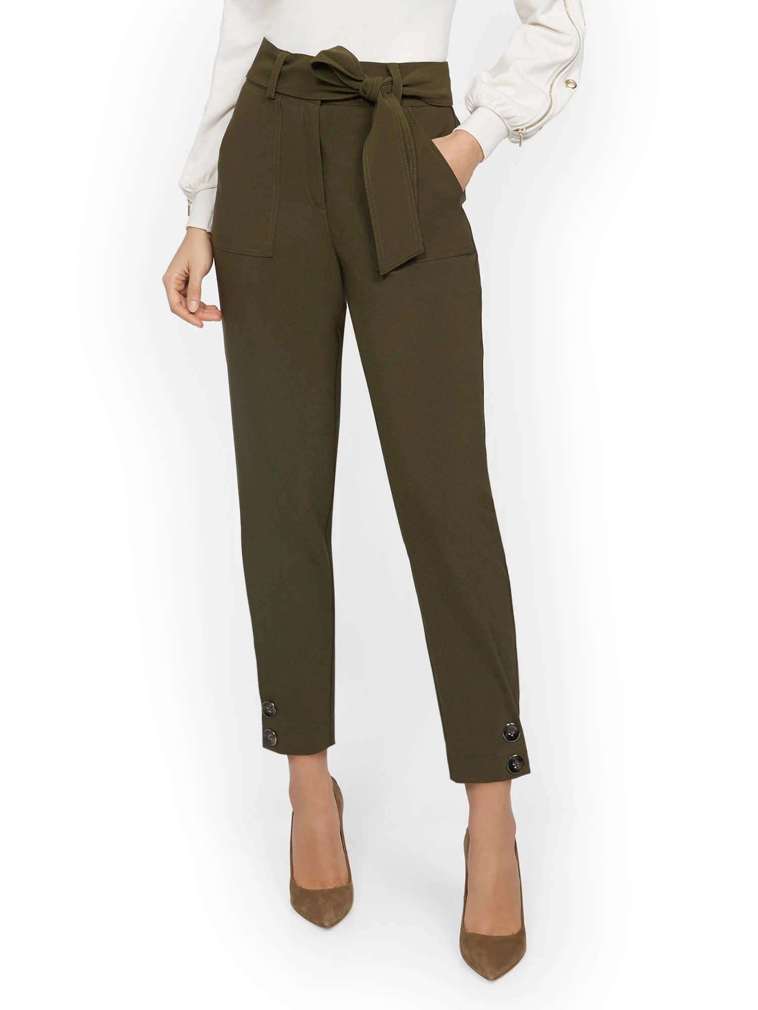 Olive Button-Accent Slim Ankle Pant - 7th Avenue