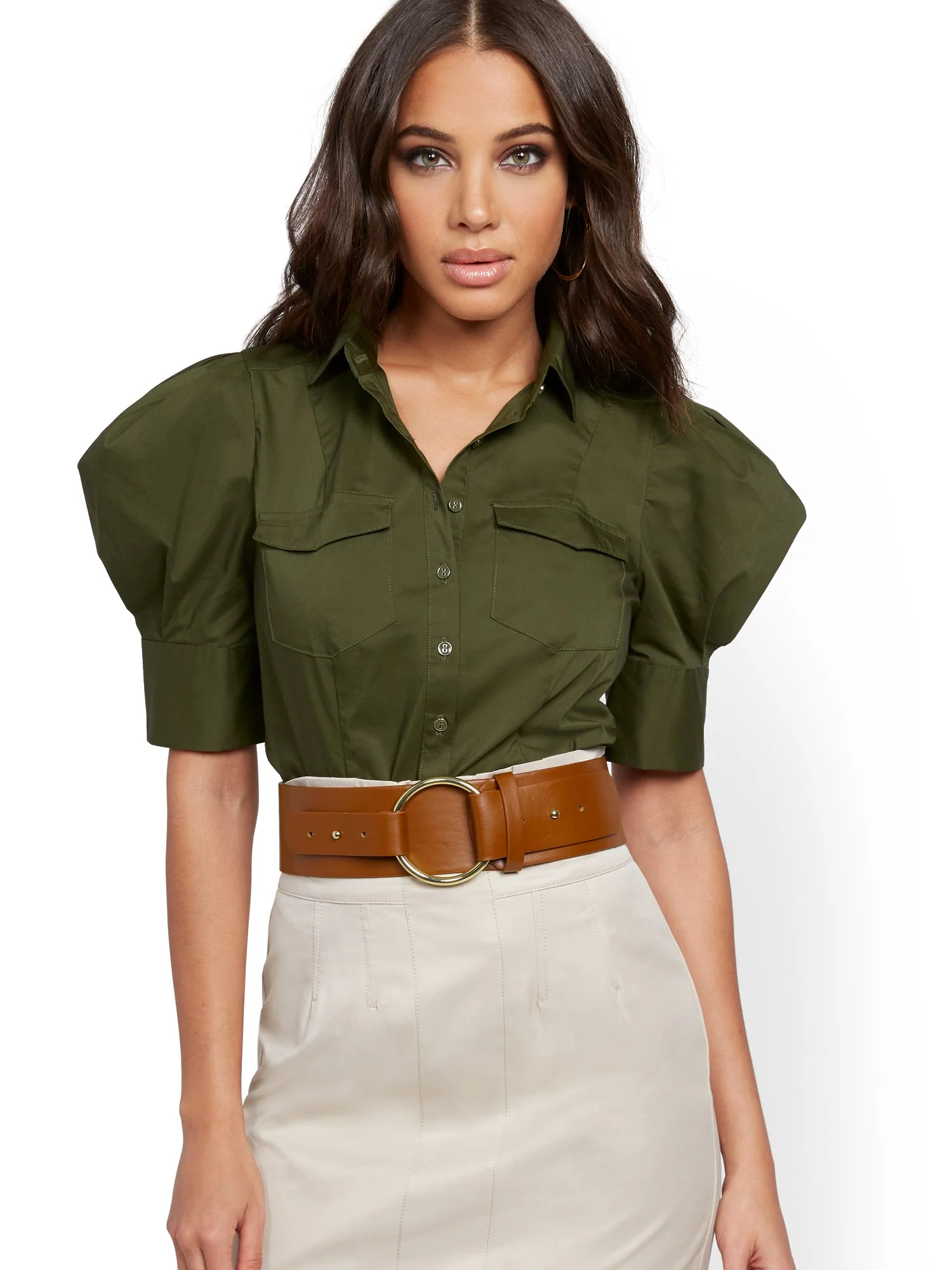 Olive Puff-Sleeve Poplin Shirt - Image 2