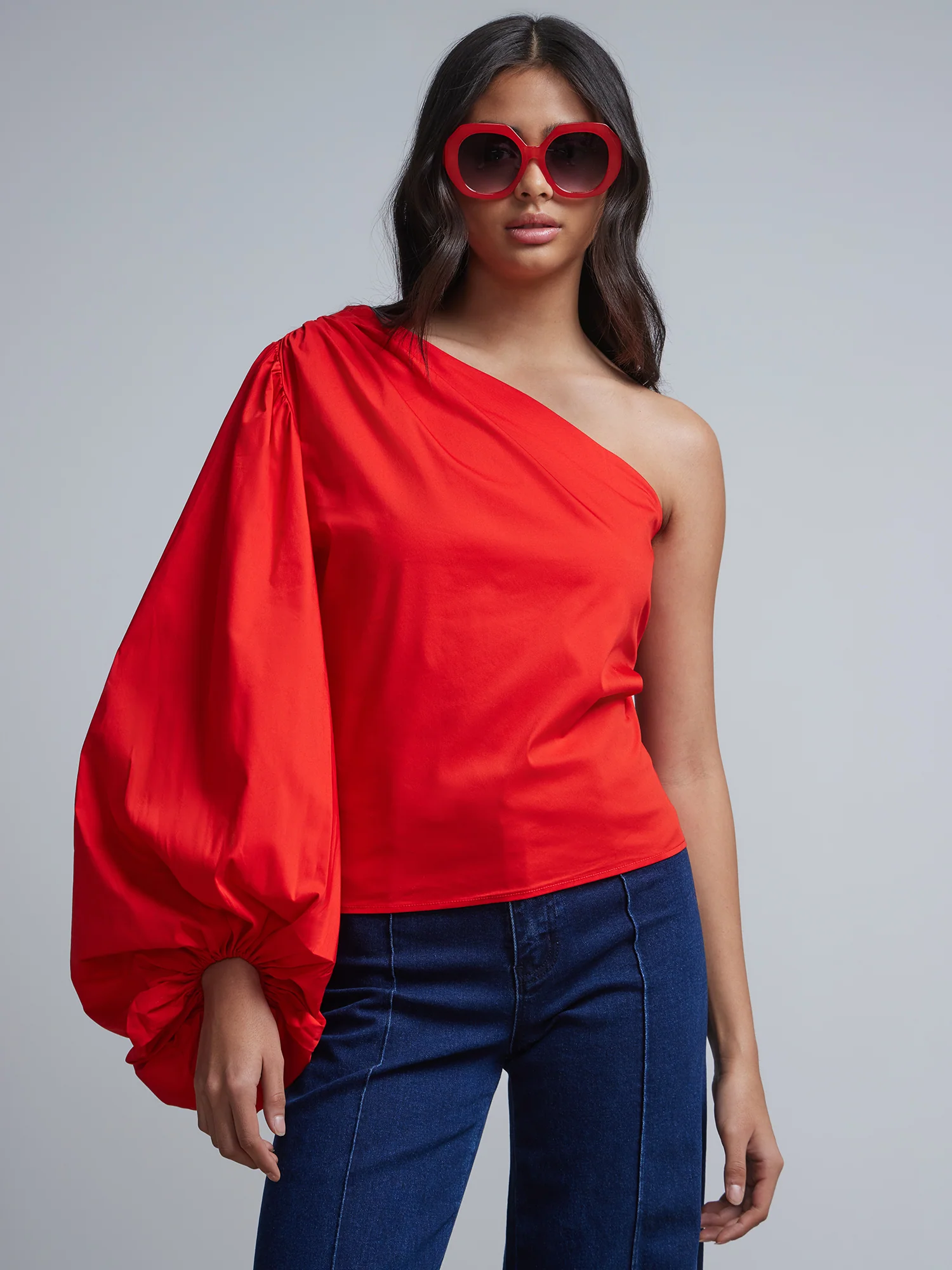 One-Shoulder Balloon-Sleeve Poplin Top
