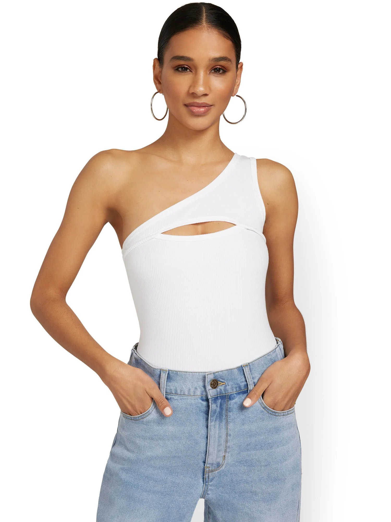 One-Shoulder Ribbed Cut-Out Bodysuit - Image 6