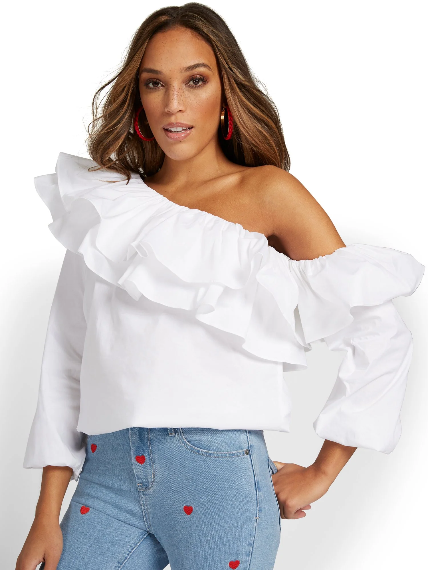 One-Shoulder Ruffle Poplin Shirt - Image 2