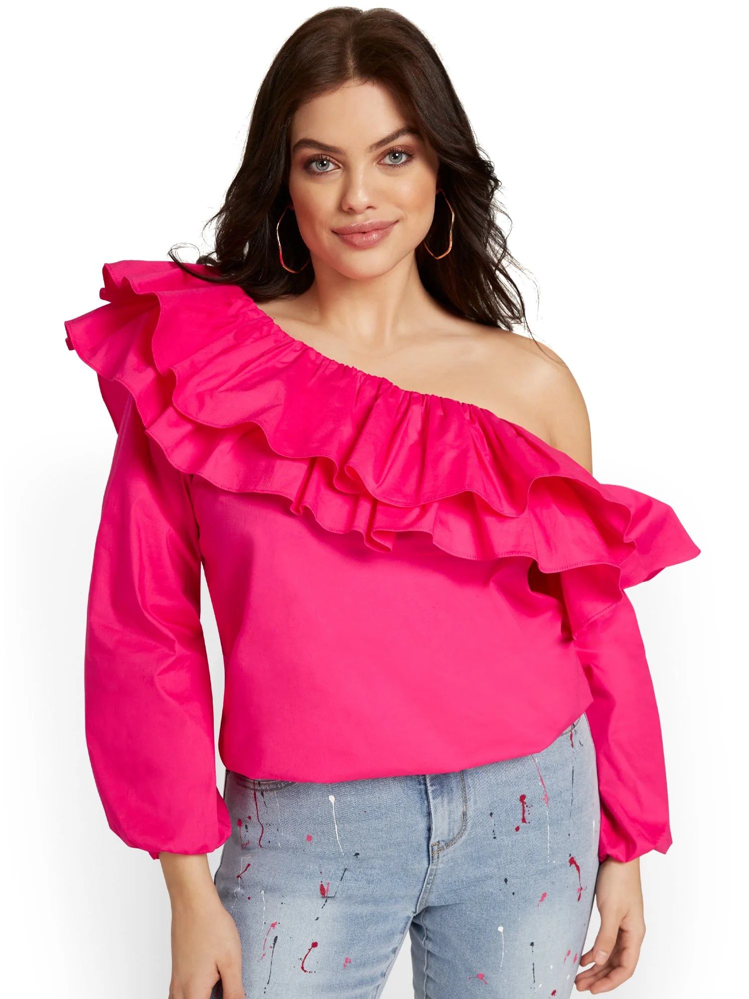 One-Shoulder Ruffle Poplin Shirt - Image 5