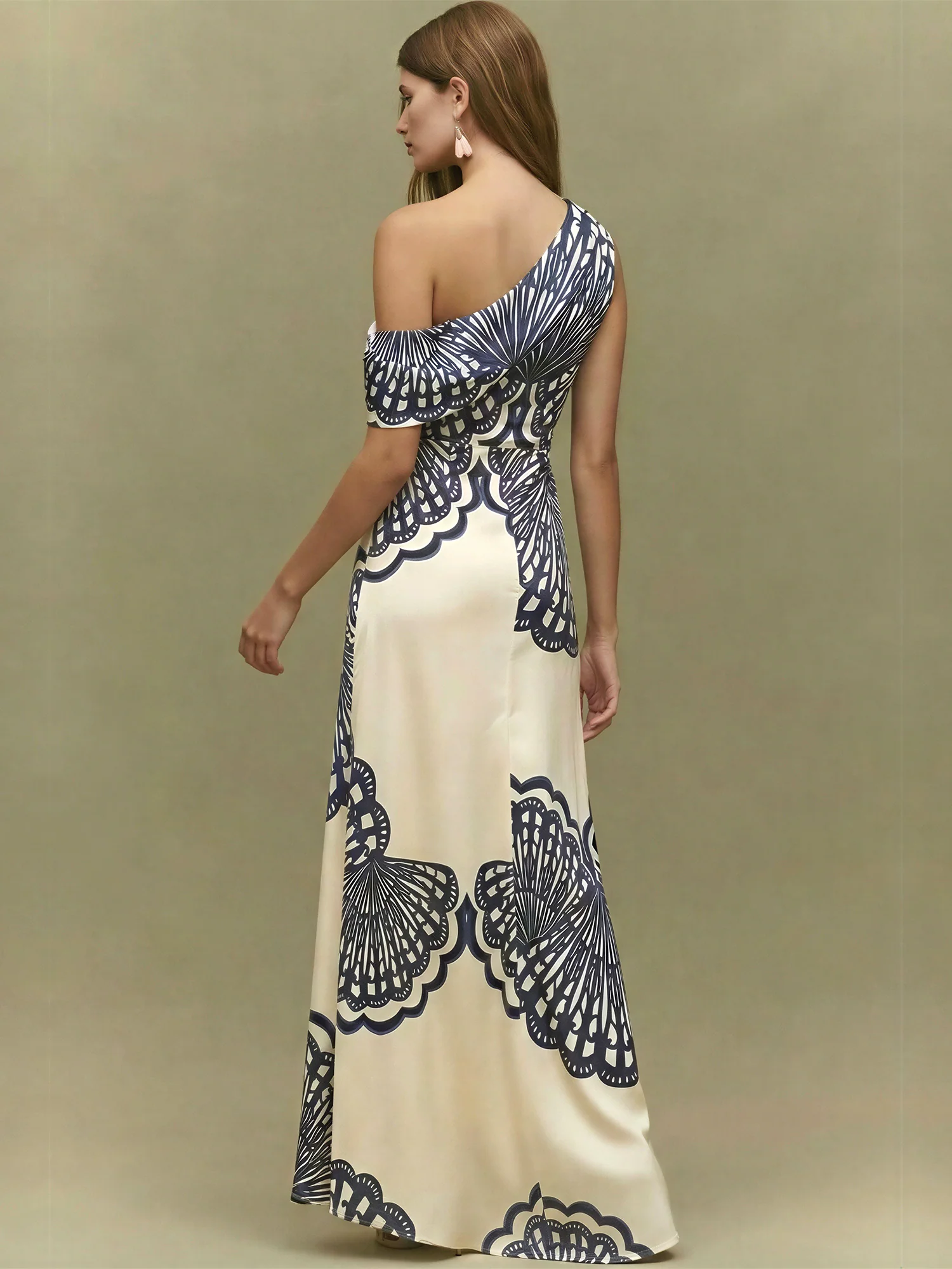 One Shoulder Satin Shell Print Gown - Image 3