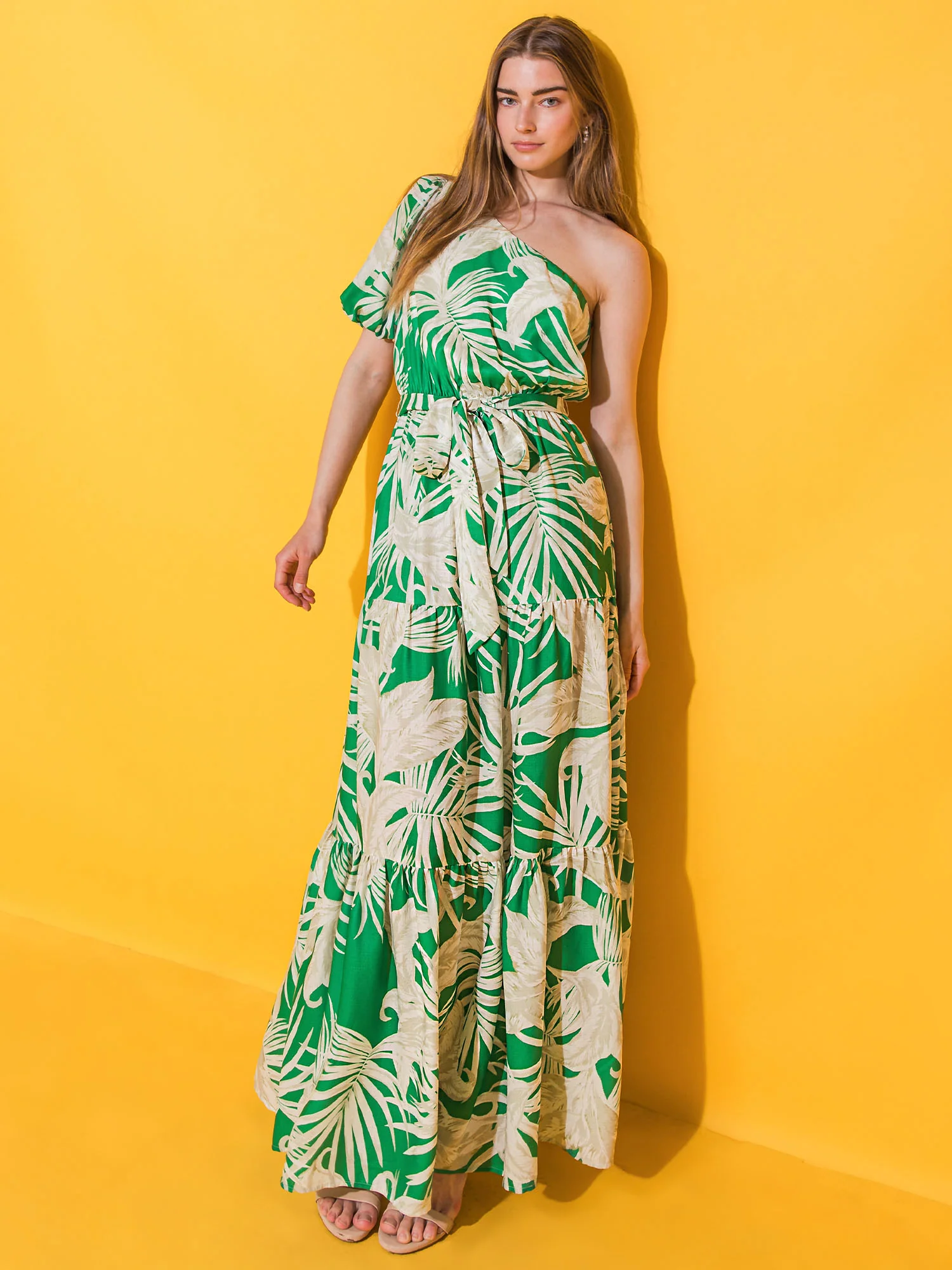Flying Tomato One Sleeve Palm Printed Self-Tie Tiered Maxi Dress - Brands We Love