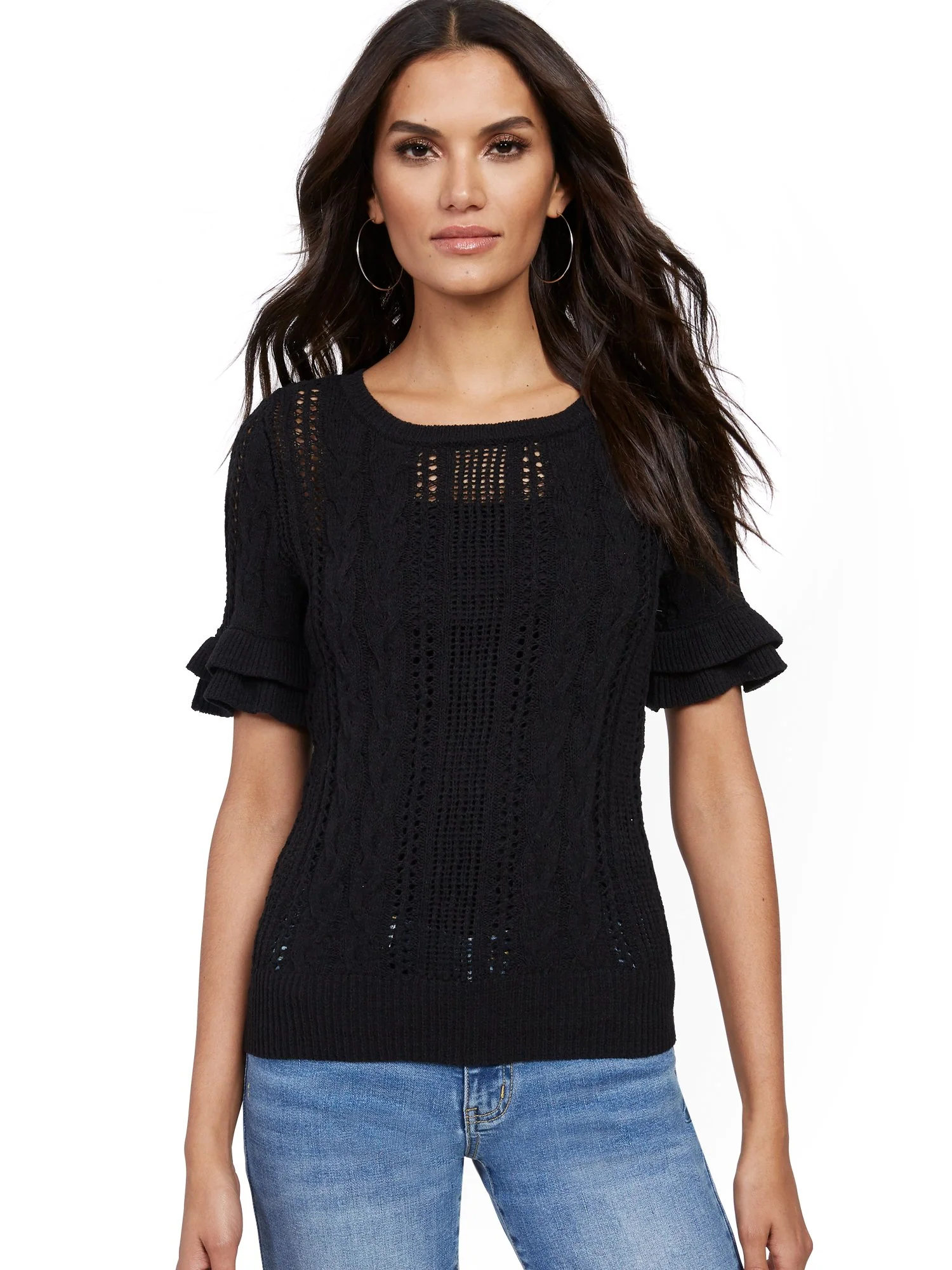 Open-Stitch Ruffle-Sleeve Sweater - Image 2