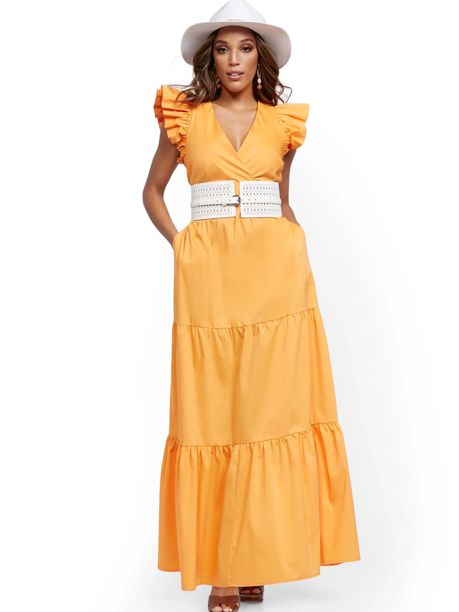 Orange Ruffle-Sleeve Poplin Maxi Dress - Image 2