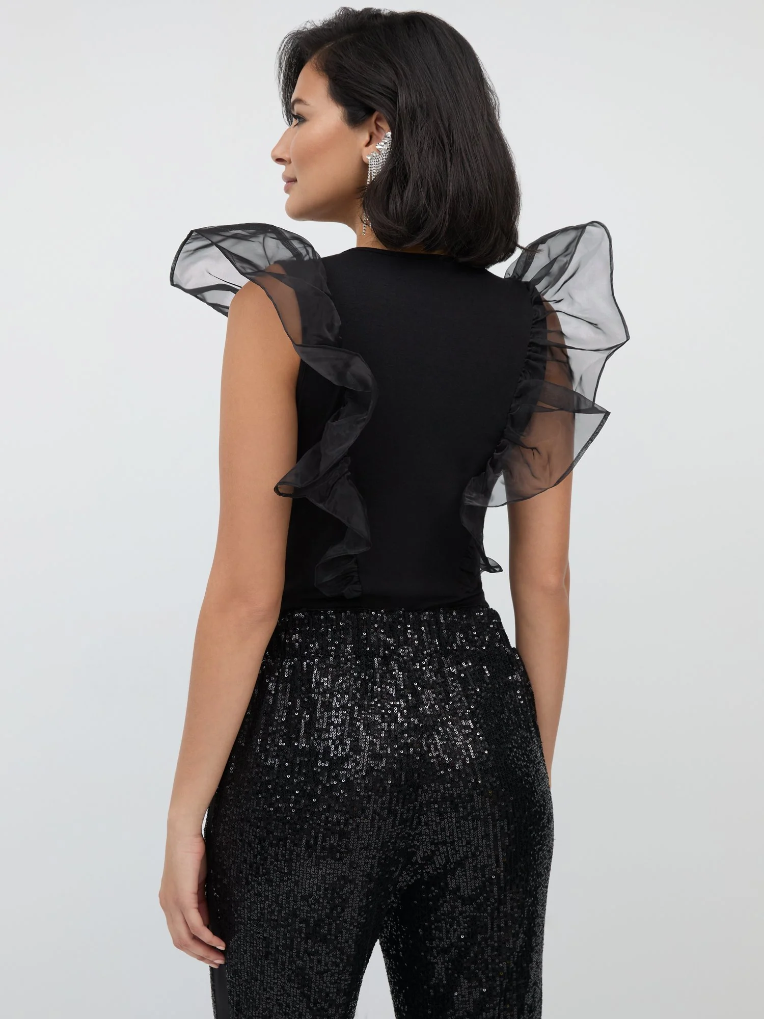 Organza-Sleeve V-Neck Knit Bodysuit - Image 3