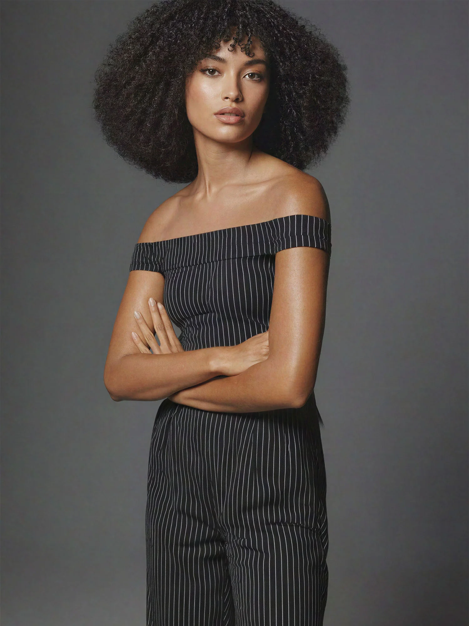 Off The Shoulder Pinstripe Wide Leg Jumpsuit - Image 2