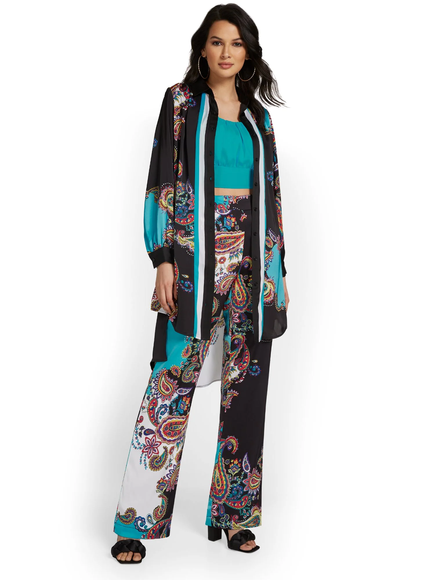 Paisley Button-Front Side-Slit Midi Shirt