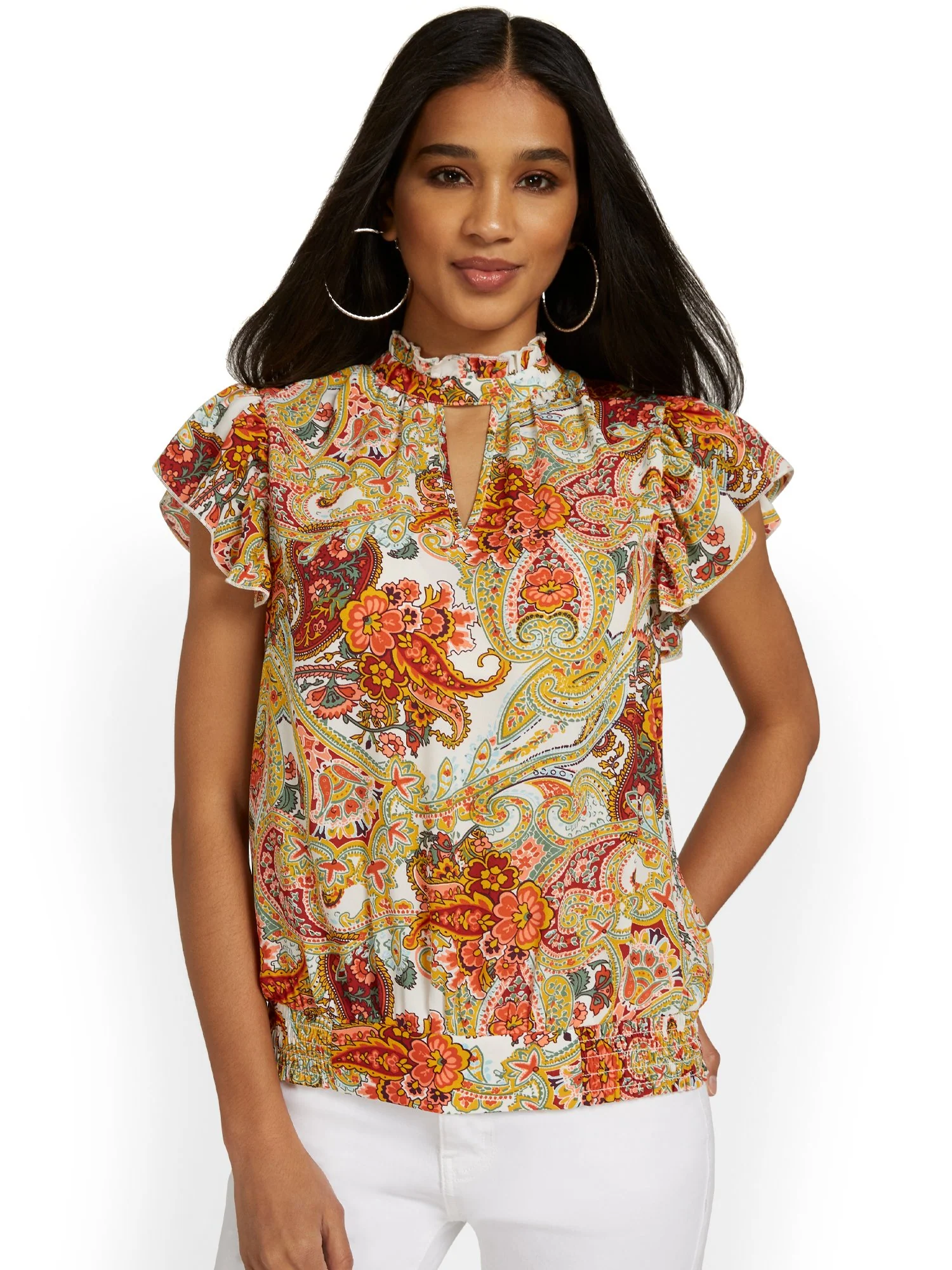 Paisley Flutter-Sleeve Button-Back Blouse - Image 2