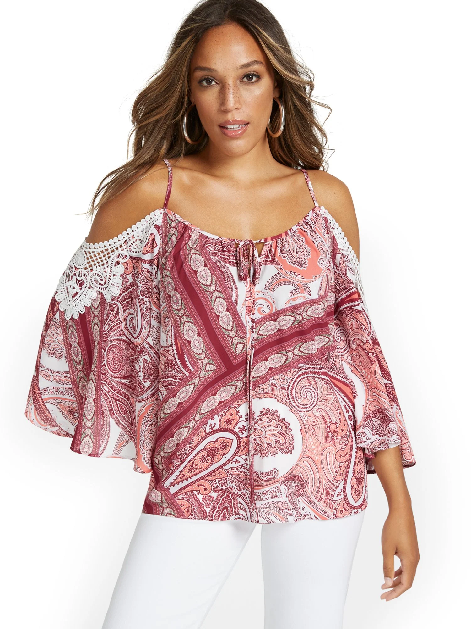 Paisley-Print Crochet Cold-Shoulder Top - Image 2