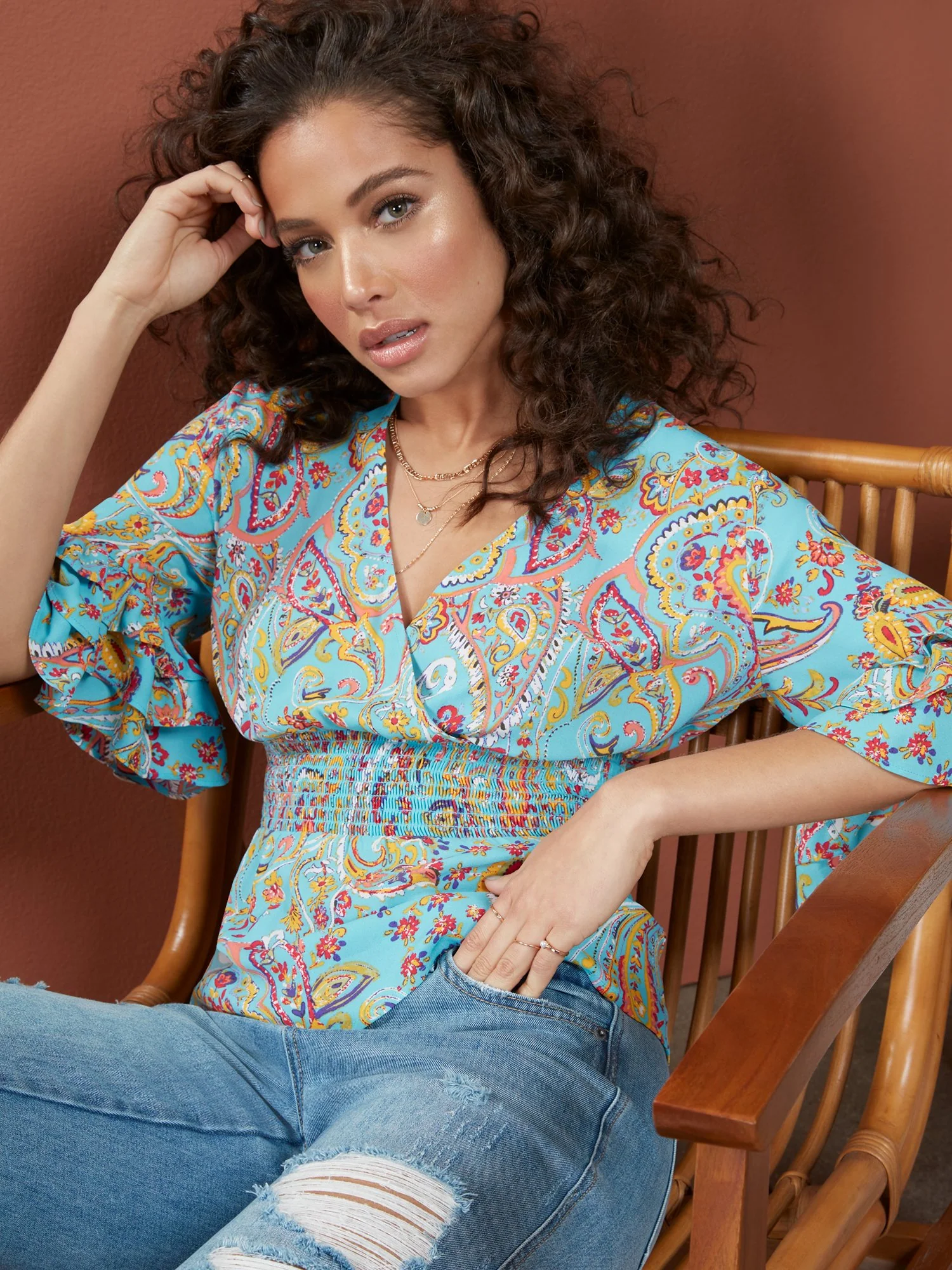 Paisley Ruffle-Sleeve V-Neck Top - Image 5