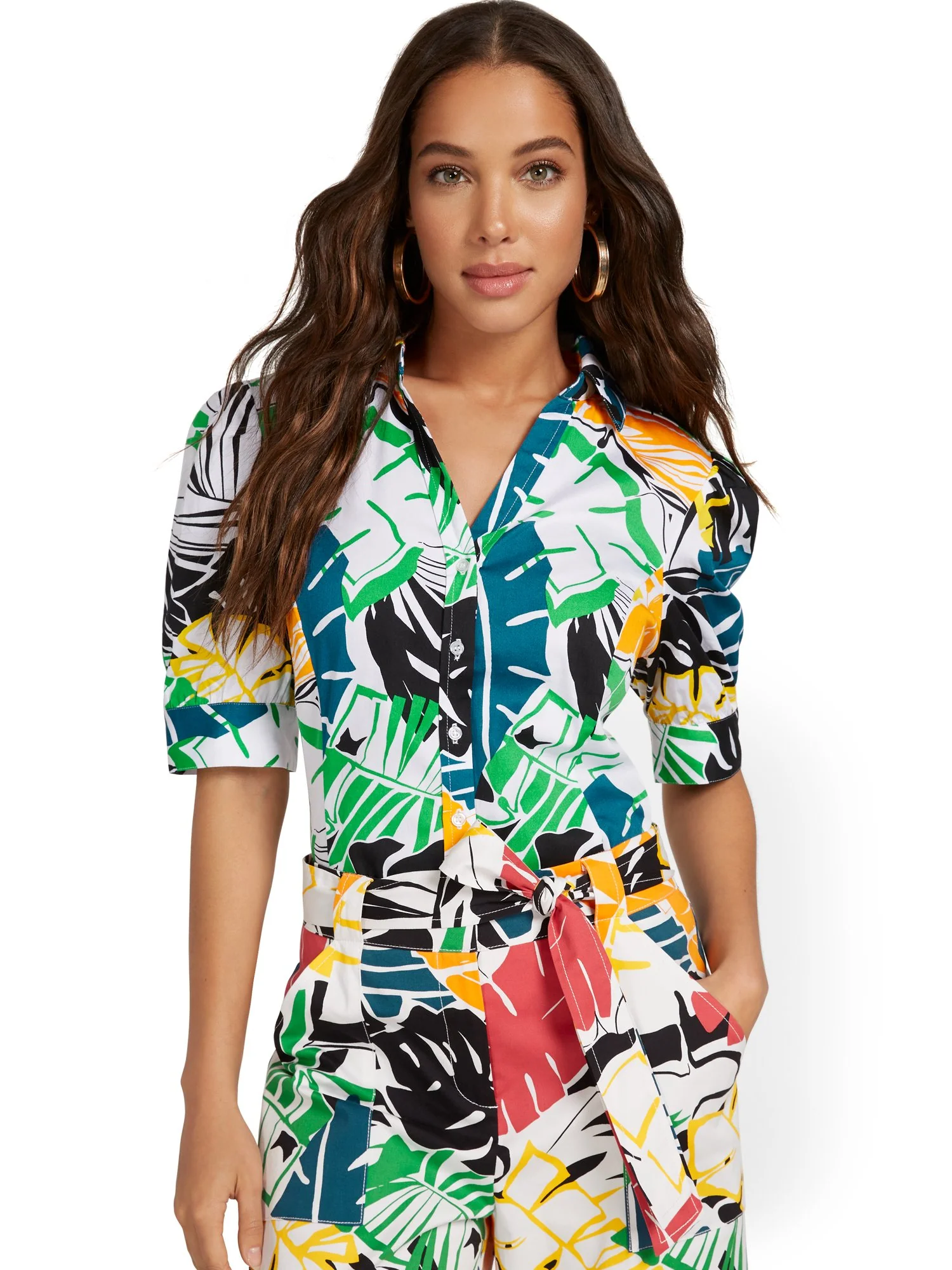 Palm-Print Puff-Sleeve Madison Shirt - 7th Avenue - Image 2