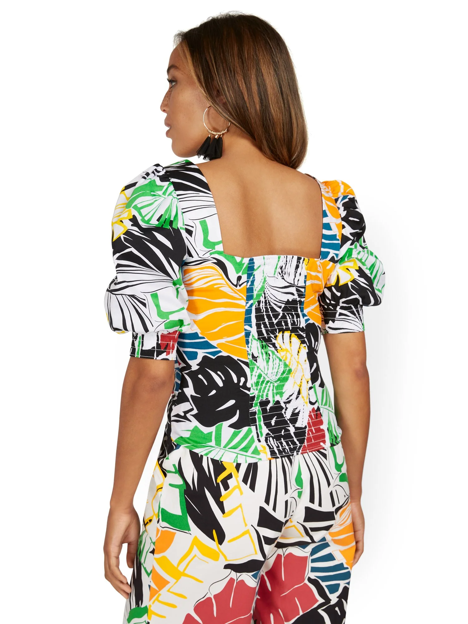 Palm-Print Puff-Sleeve Poplin Top - Image 3