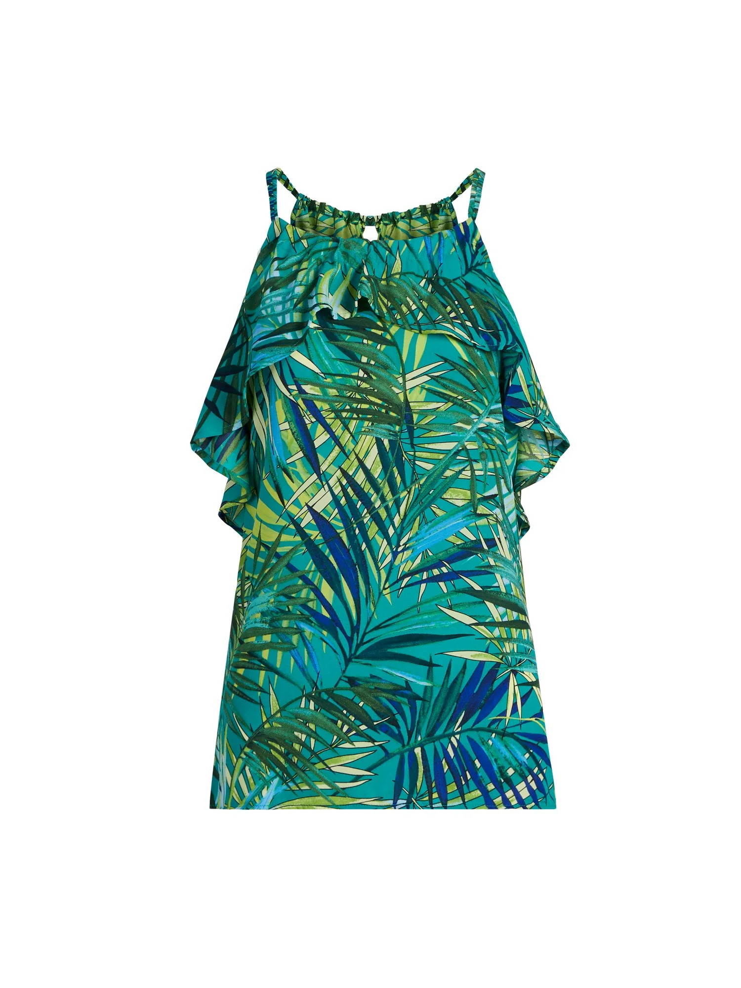 Palm Print Ruffled Shirred Halter Top