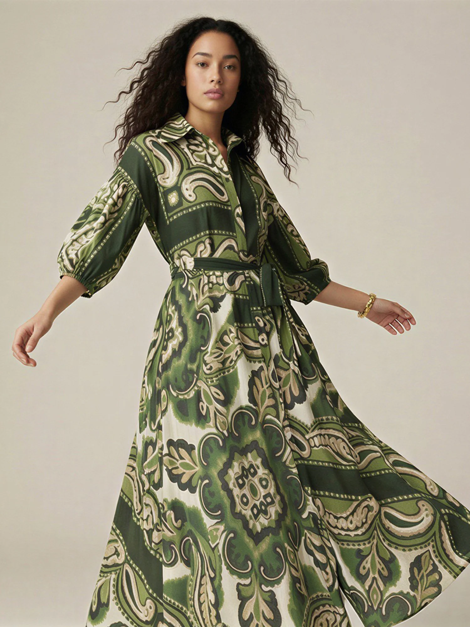 Pasley Print Blubble Sleeves Shirt Dress - Image 4
