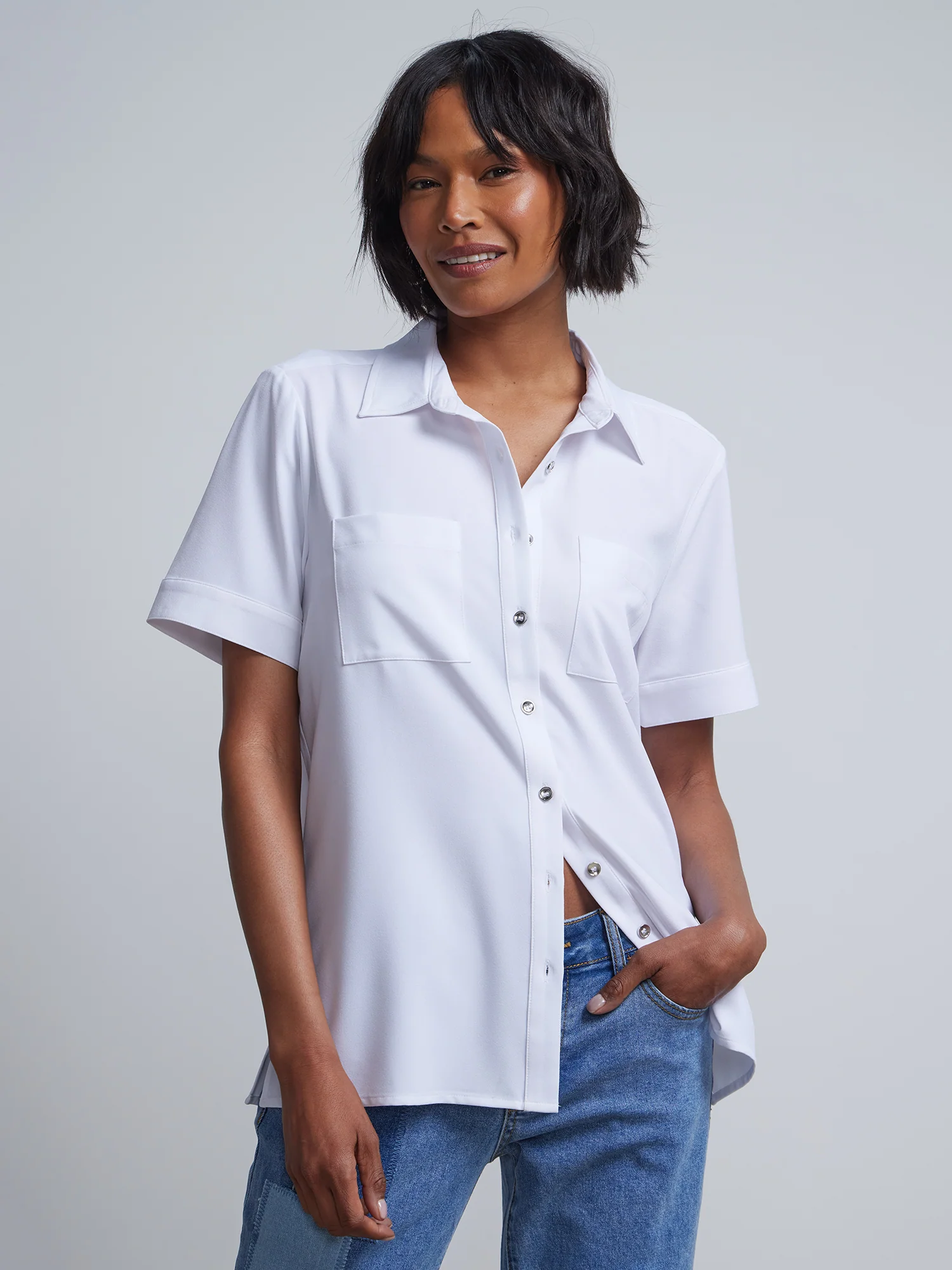 Patch-Pocket Button-Front Crepe Blouse