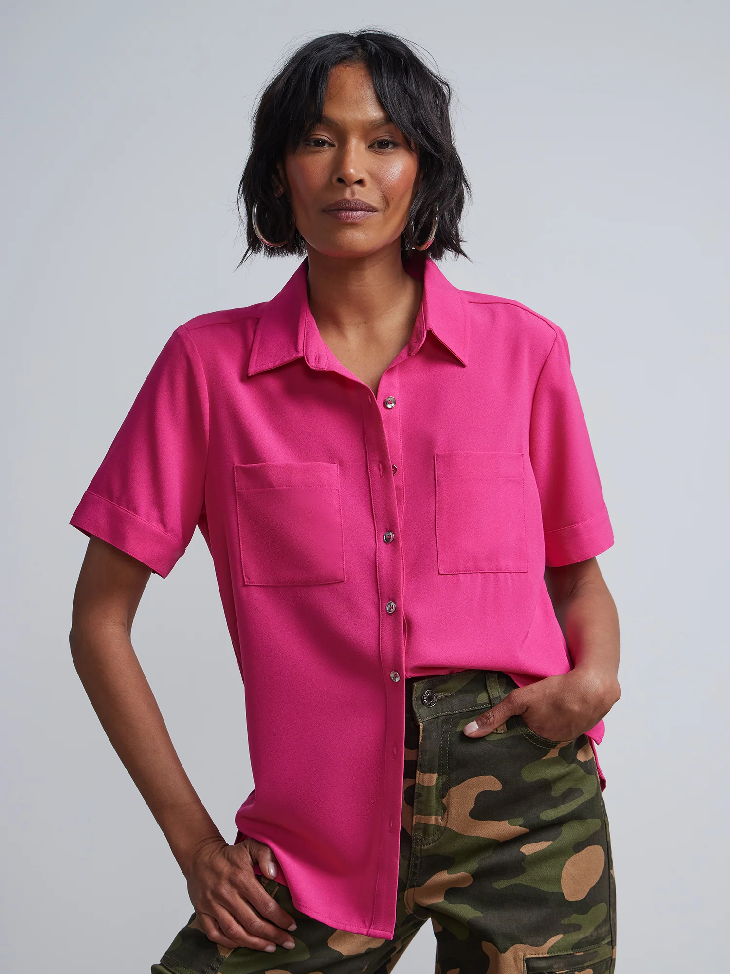 Patch-Pocket Button-Front Crepe Blouse - Image 10