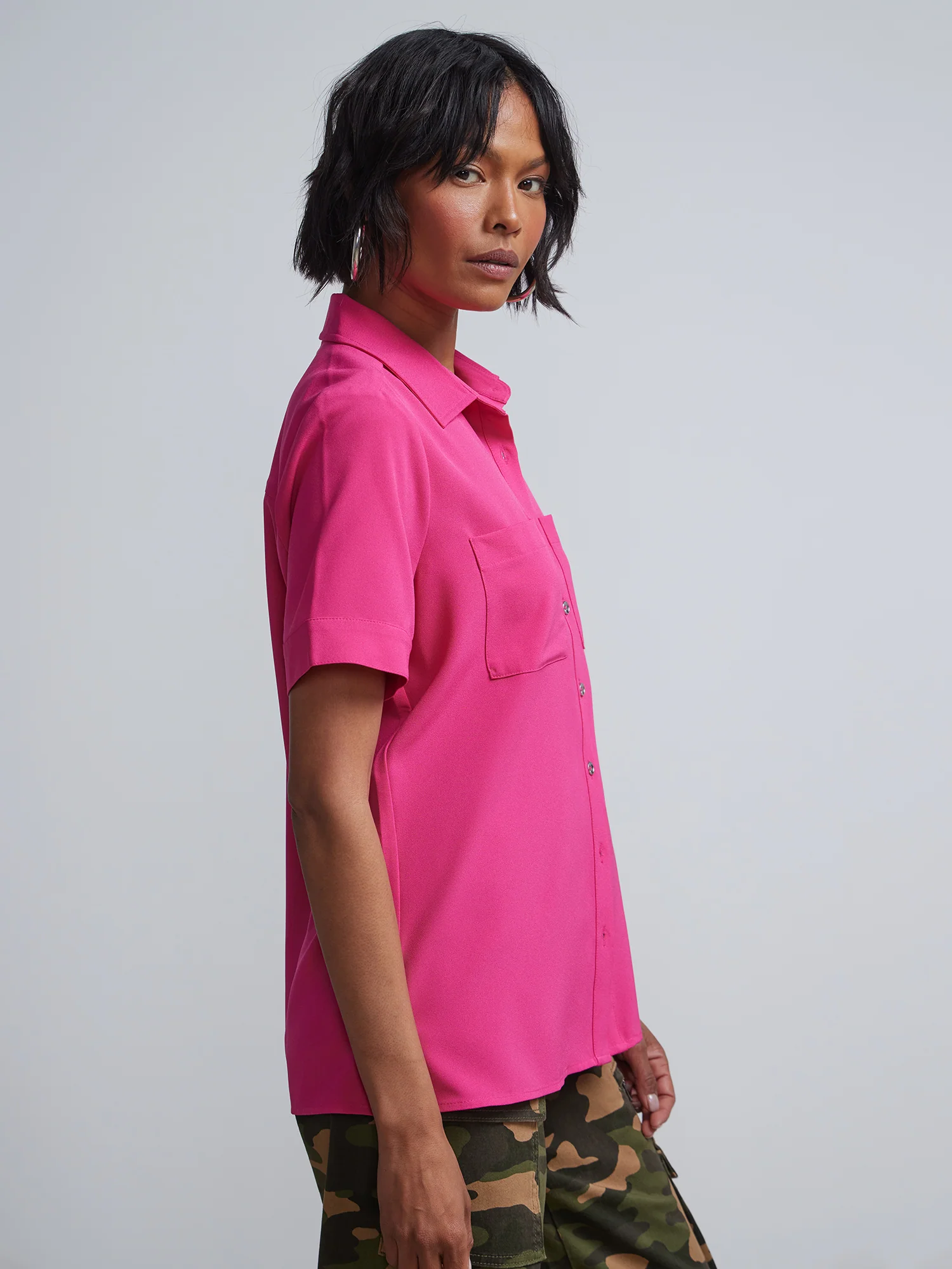 Patch-Pocket Button-Front Crepe Blouse - Image 11