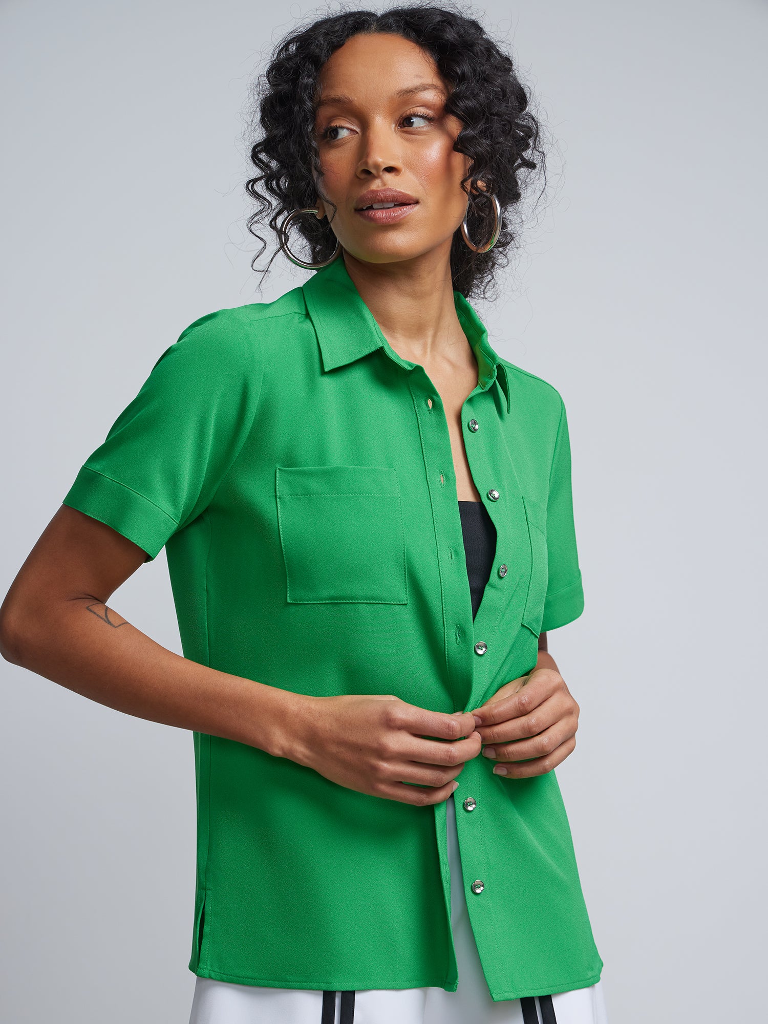 Patch-Pocket Button-Front Crepe Blouse - Image 6