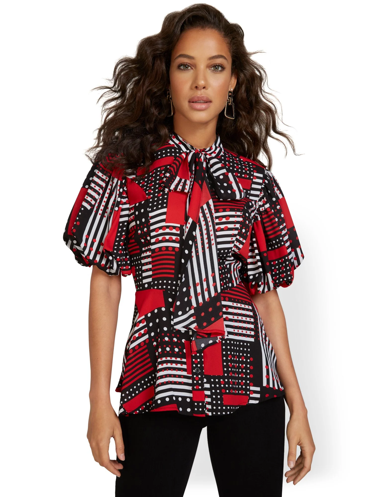 Peplum-Waist Neck-Bow Blouse - Image 2