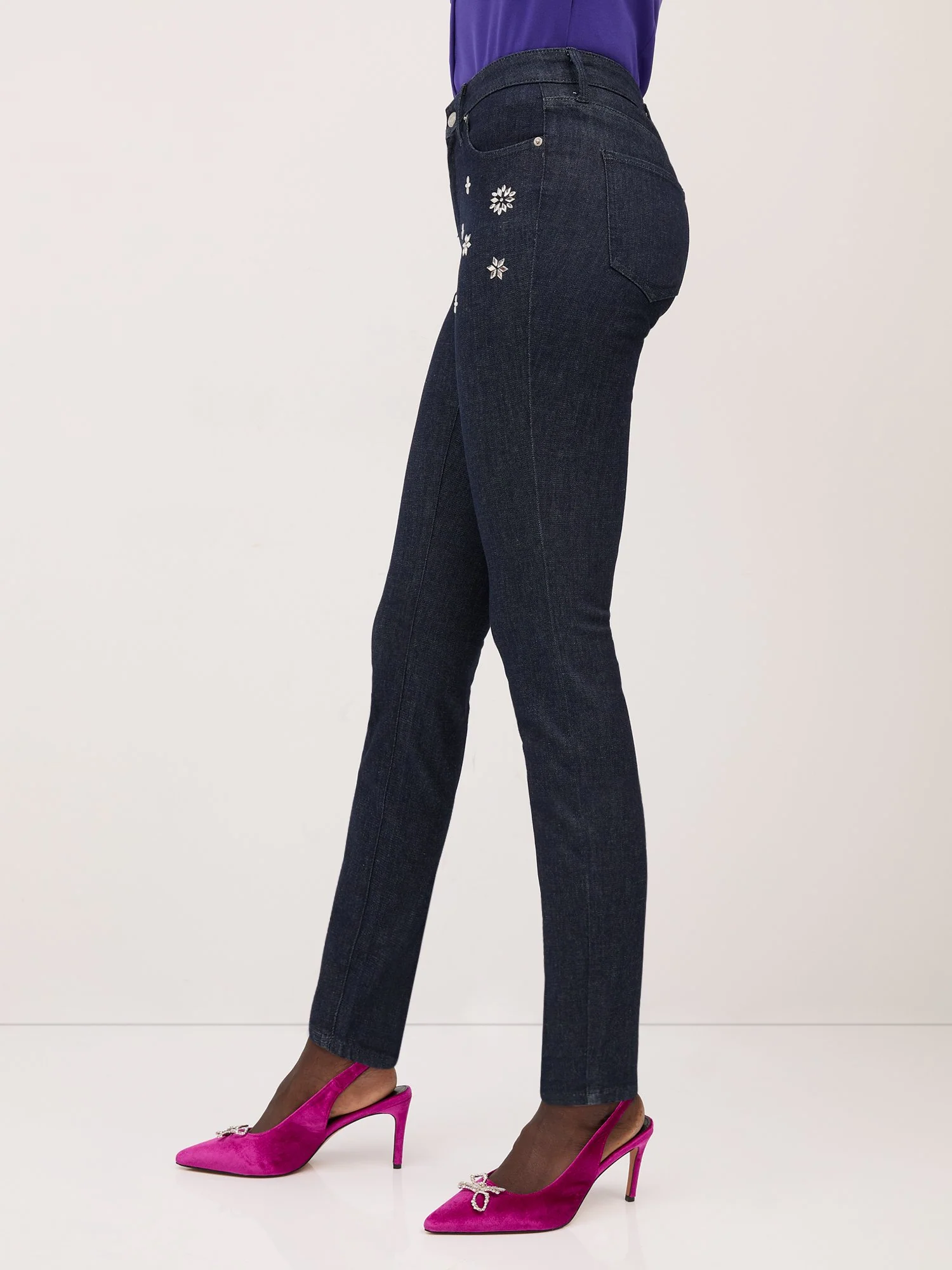 Perfect Fit High-Waisted Rhinestone-Embellished Super-Skinny Jeans - Dark Wash - Image 5