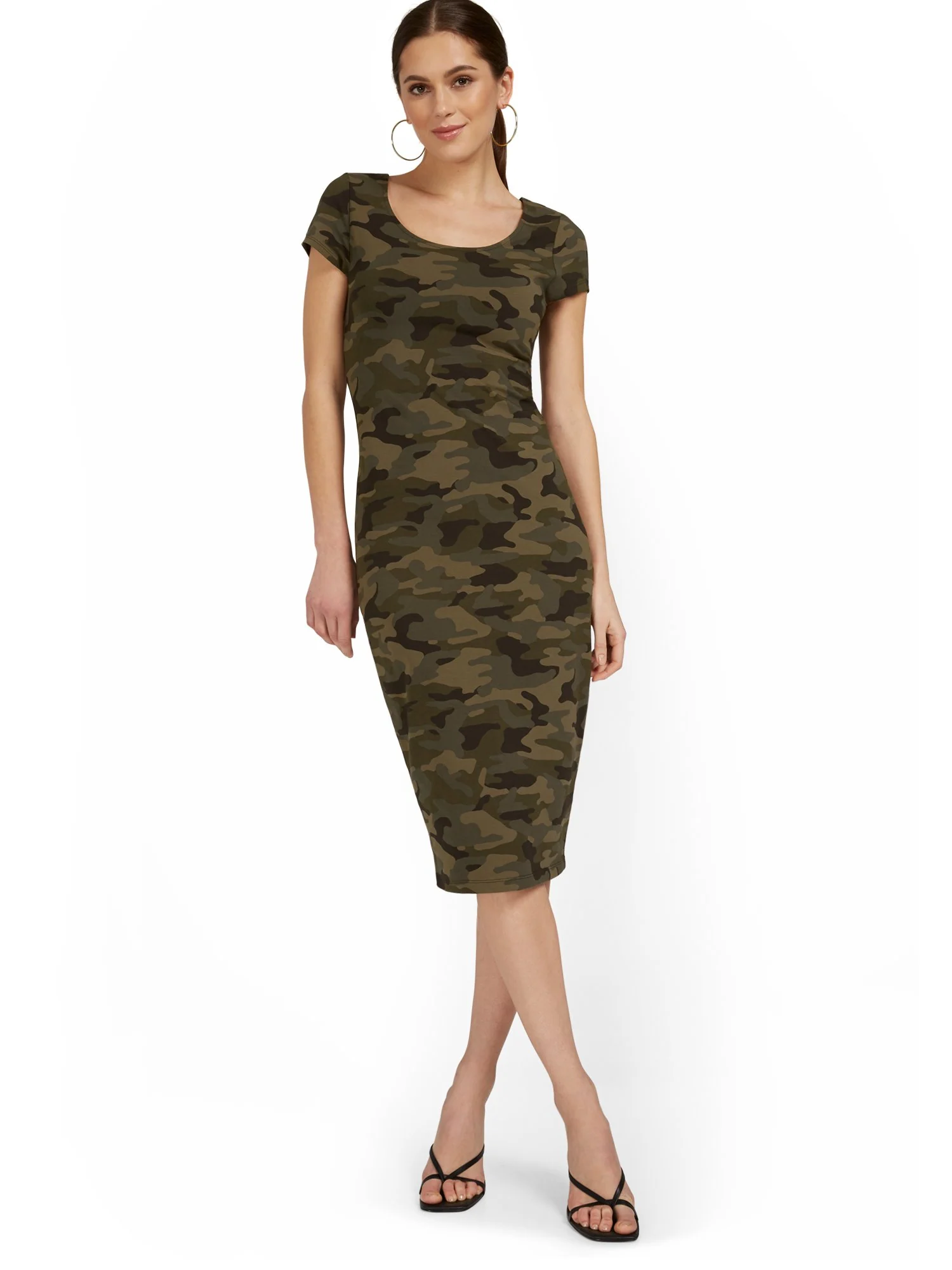 Petite Camo-Print Scoopneck Cap-Sleeve Midi Dress - Everyday Collection - Image 2