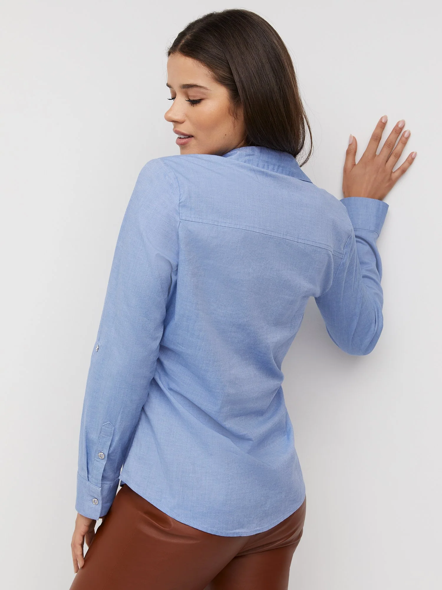 Petite Chambray Button-Front Secret Snap - NY&C Madison Shirt® - Image 3