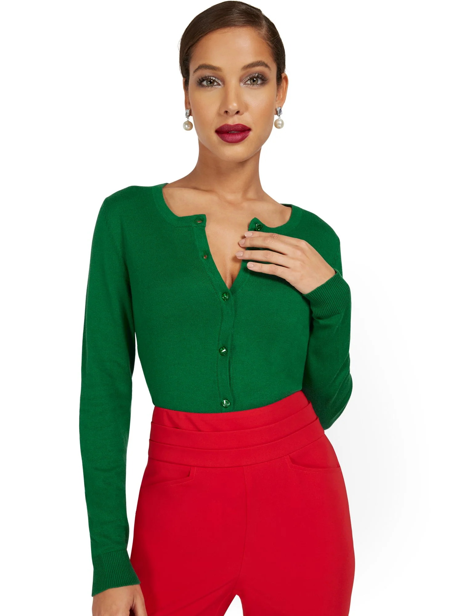 Petite Jeweled-Button Chelsea Crewneck Cardigan - Image 14