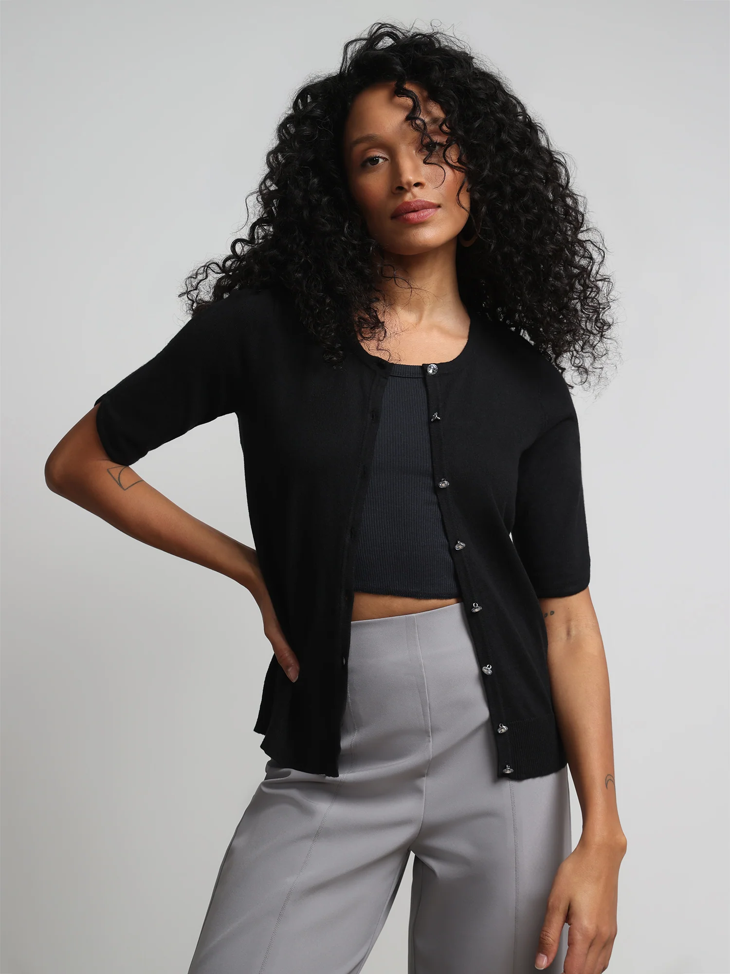 Petite Jeweled-Button Chelsea Crewneck Cardigan