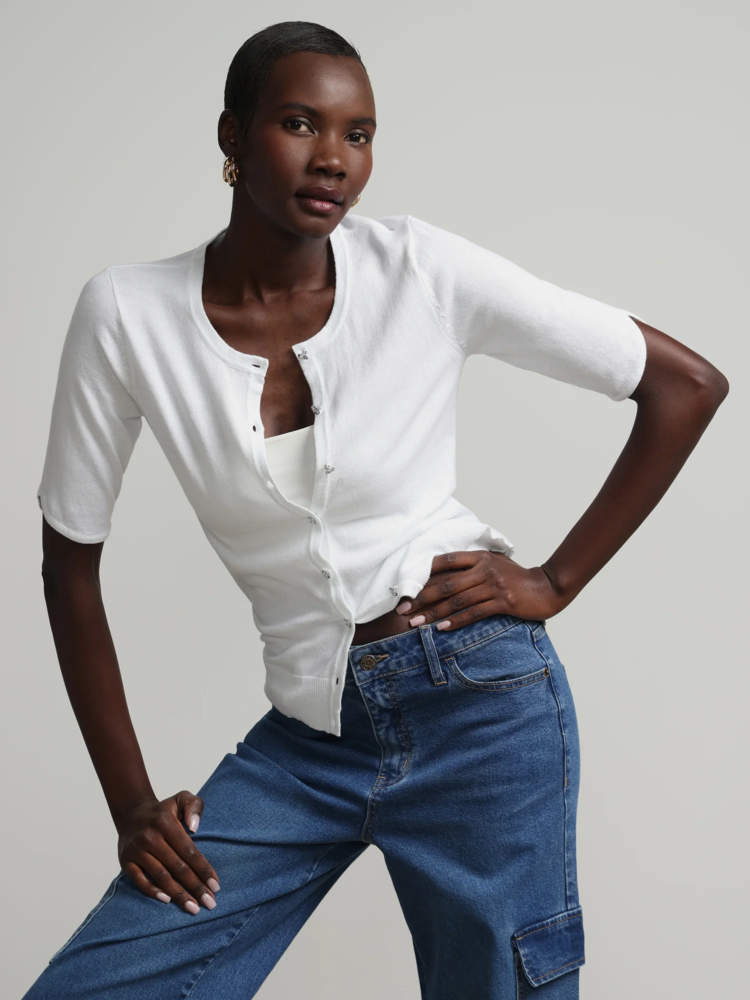 Petite Jeweled-Button Chelsea Crewneck Cardigan - Image 6
