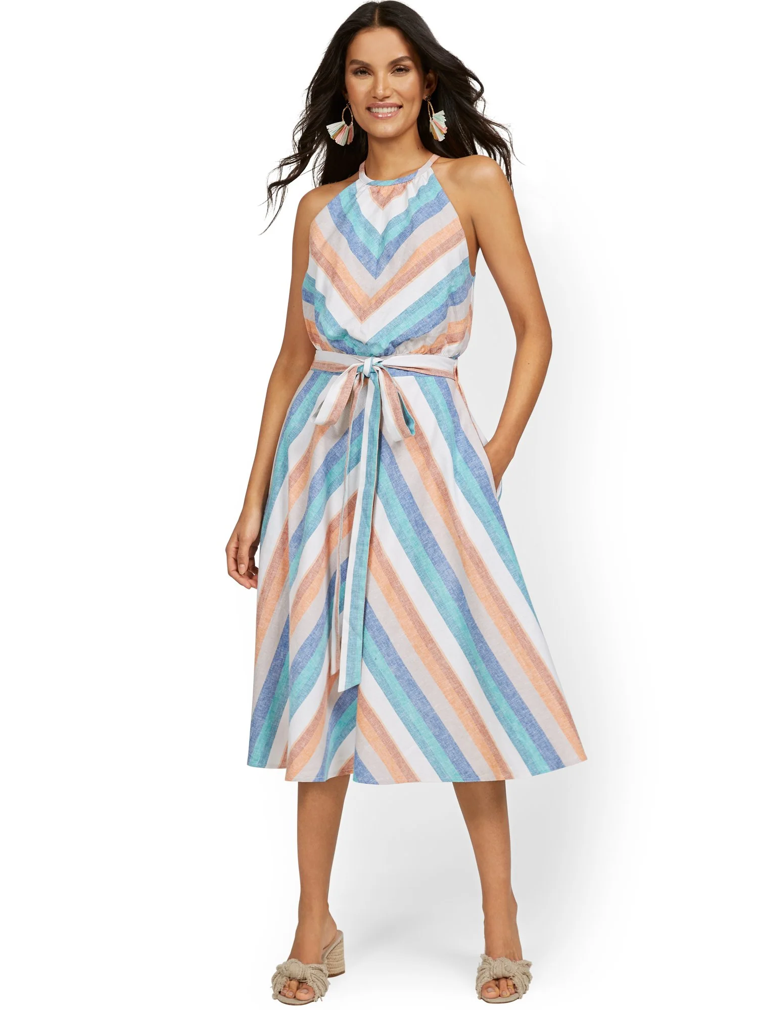 Petite Linen-Blend Multi-Stripe High Halter Midi Dress - Image 2