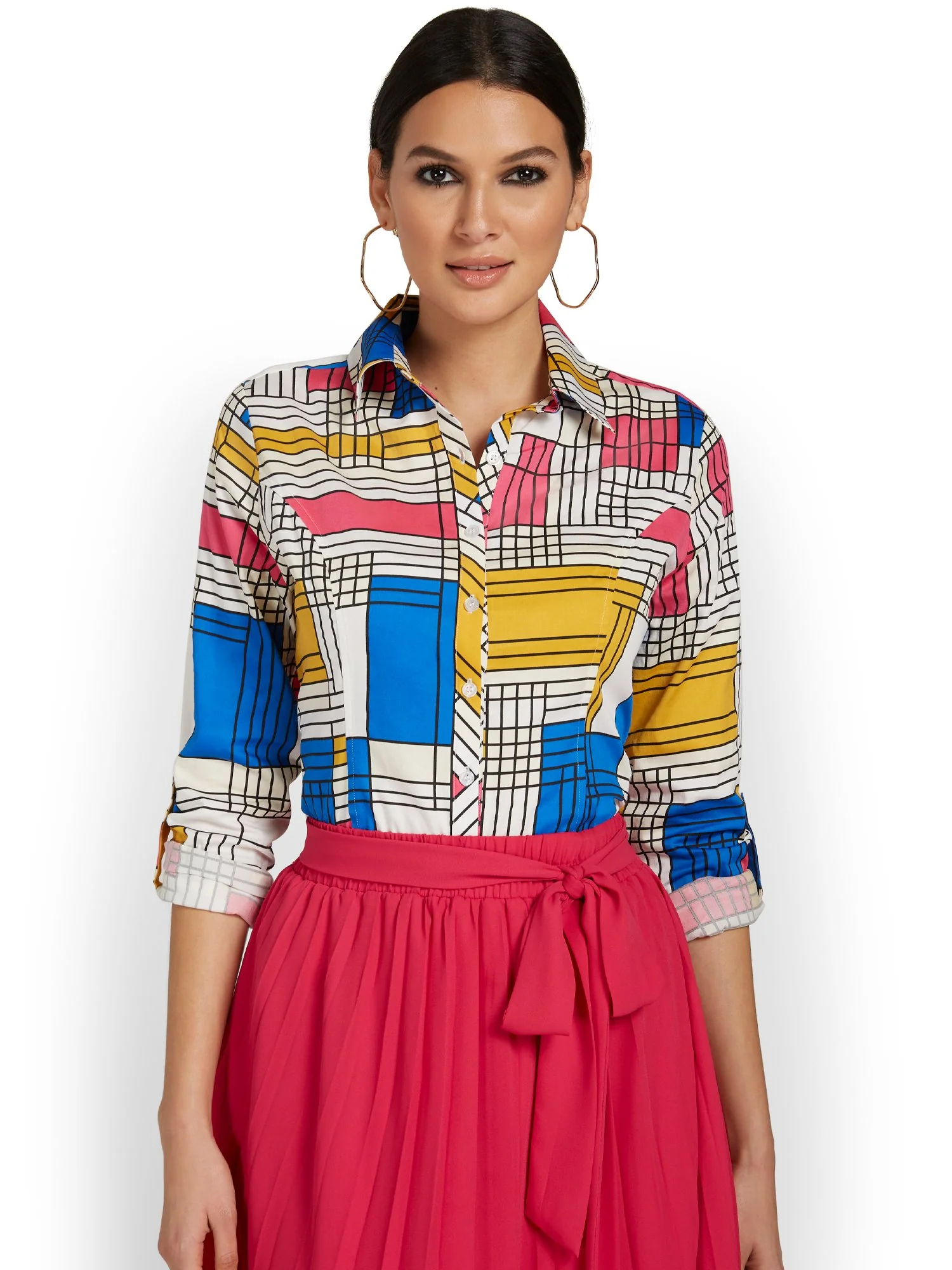 Petite Madison Roll-Sleeve Button-Front Secret Snap Shirt - Geometric-Print - Image 2