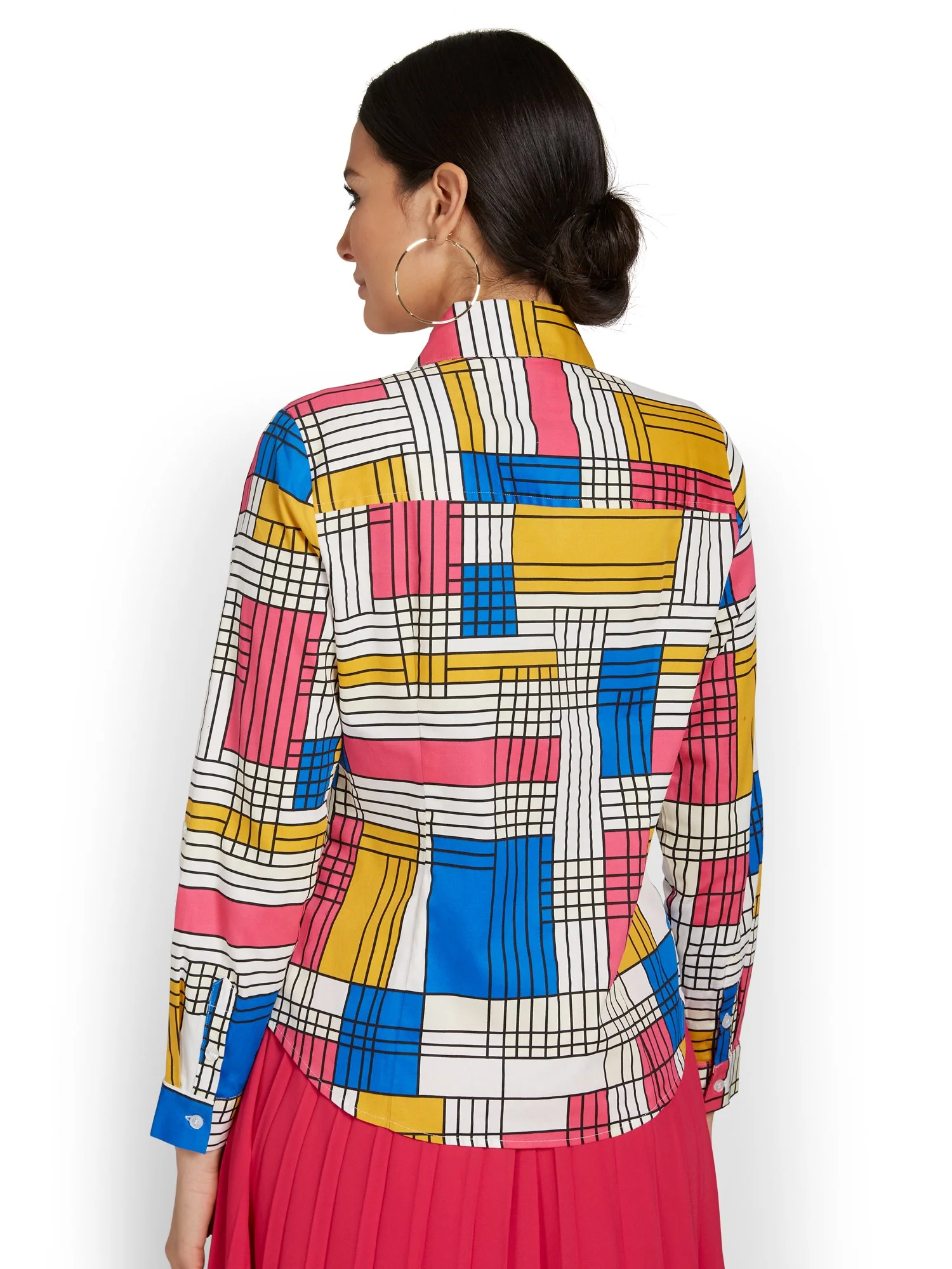 Petite Madison Roll-Sleeve Button-Front Secret Snap Shirt - Geometric-Print - Image 3