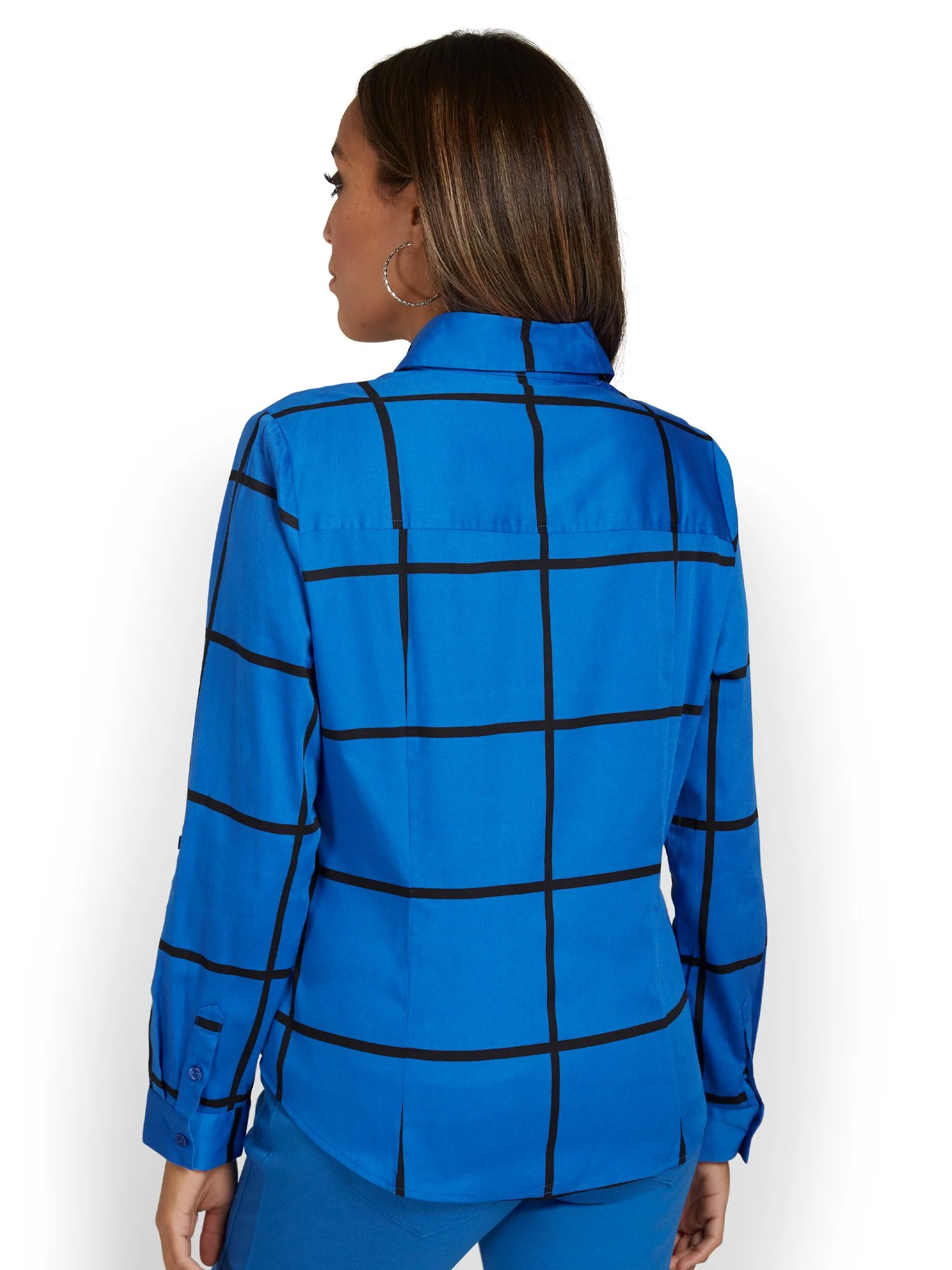 Petite Madison Roll-Sleeve Button-Front Secret Snap Shirt - Windowpane-Print - Image 6