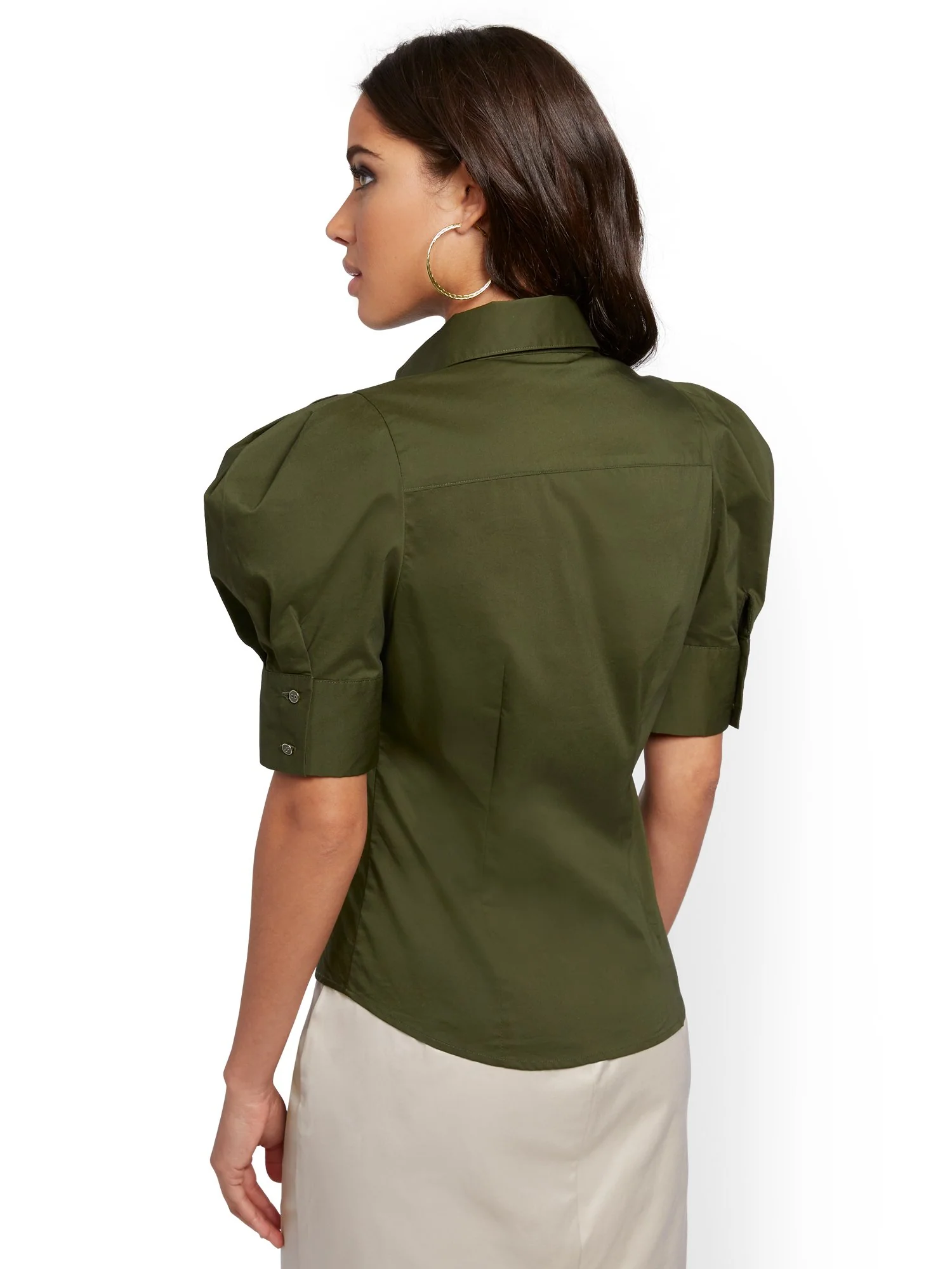 Petite Olive Puff-Sleeve Poplin Shirt - Image 3