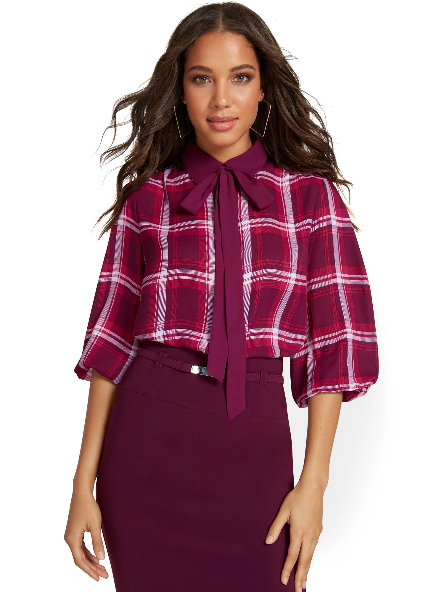 Petite Plaid Bow Blouse - Image 5