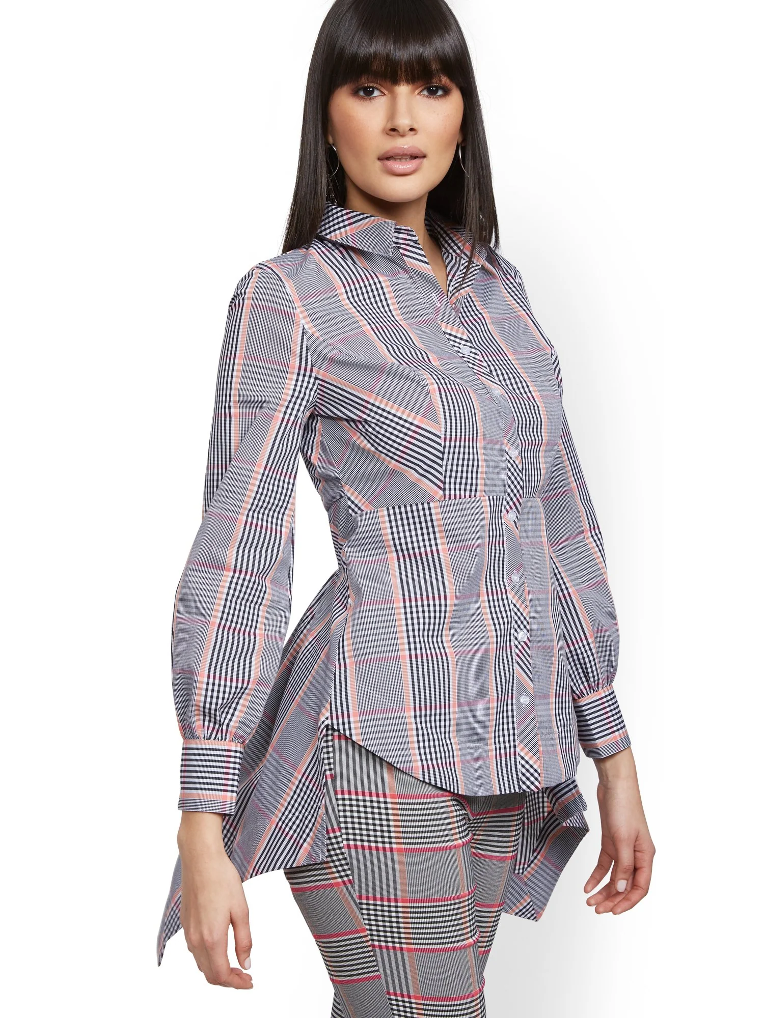 Petite Plaid High-Low Shirt - 7th Avenue