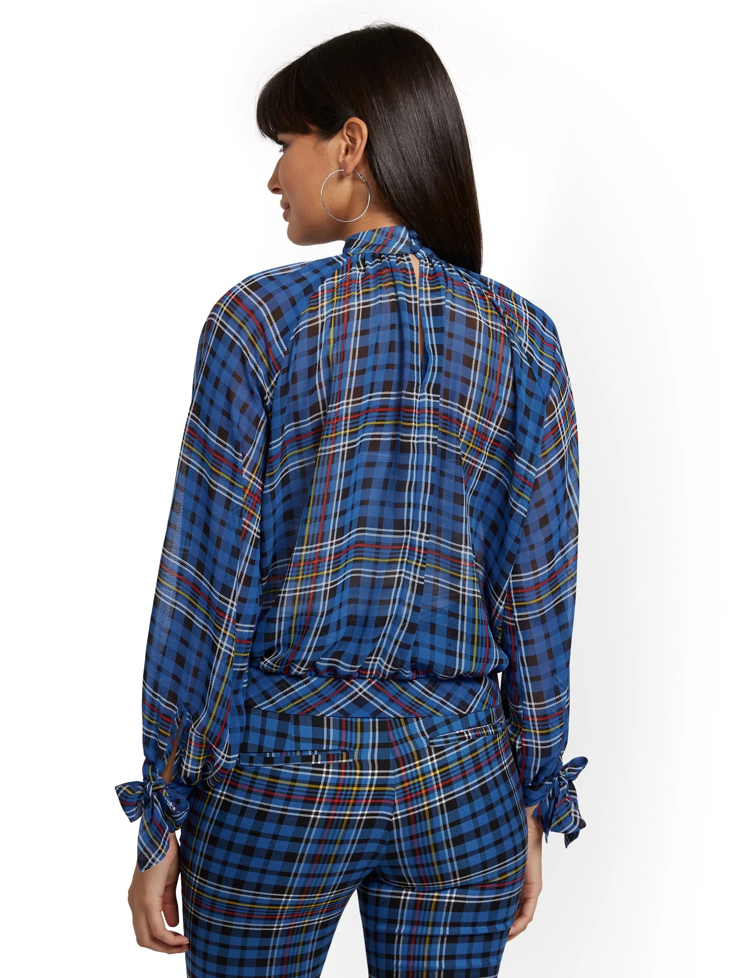 Petite Plaid Mock-Neck Tie-Sleeve Blouse - 7th Avenue - Image 3