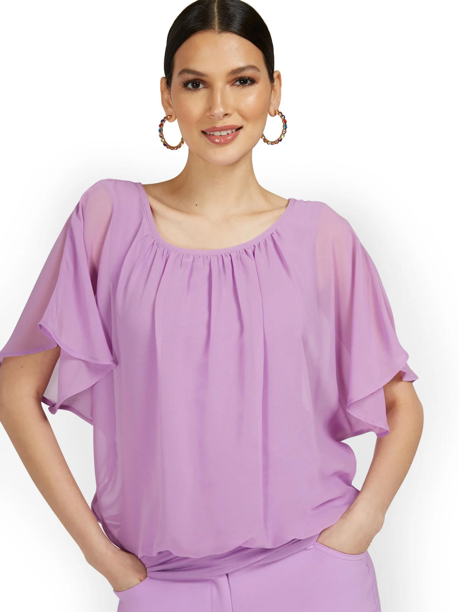 Petite Semi-Sheer Flutter Dolman-Sleeve Top - Image 10